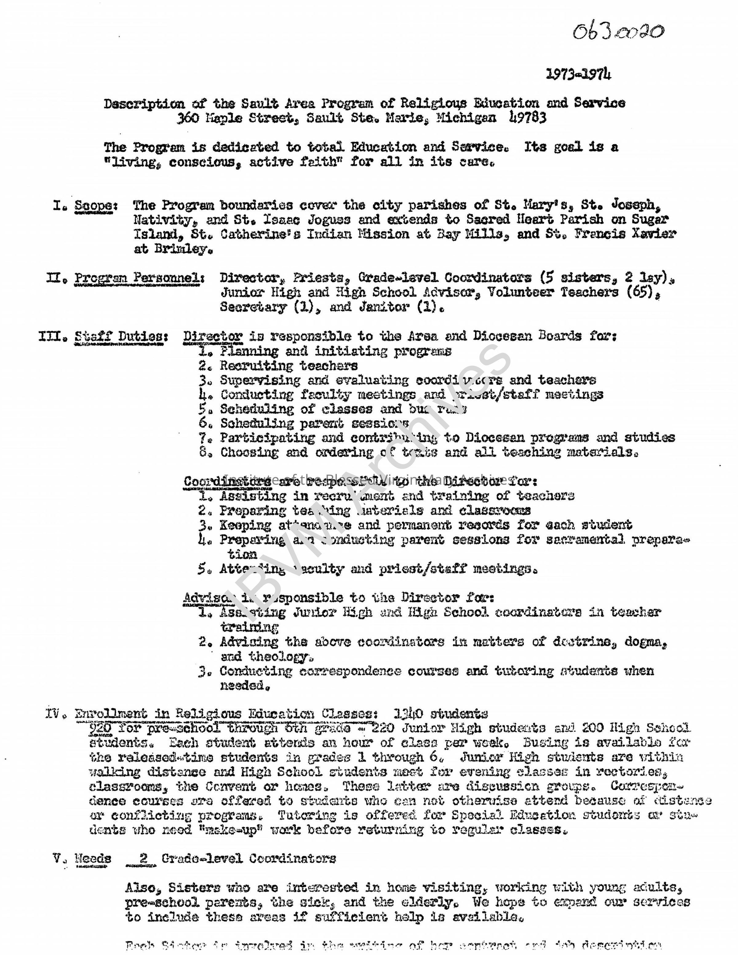 Description of the Sault Ste. Marie Religious Education and Service Program, 1973 - 1974: PDF, Watermarked