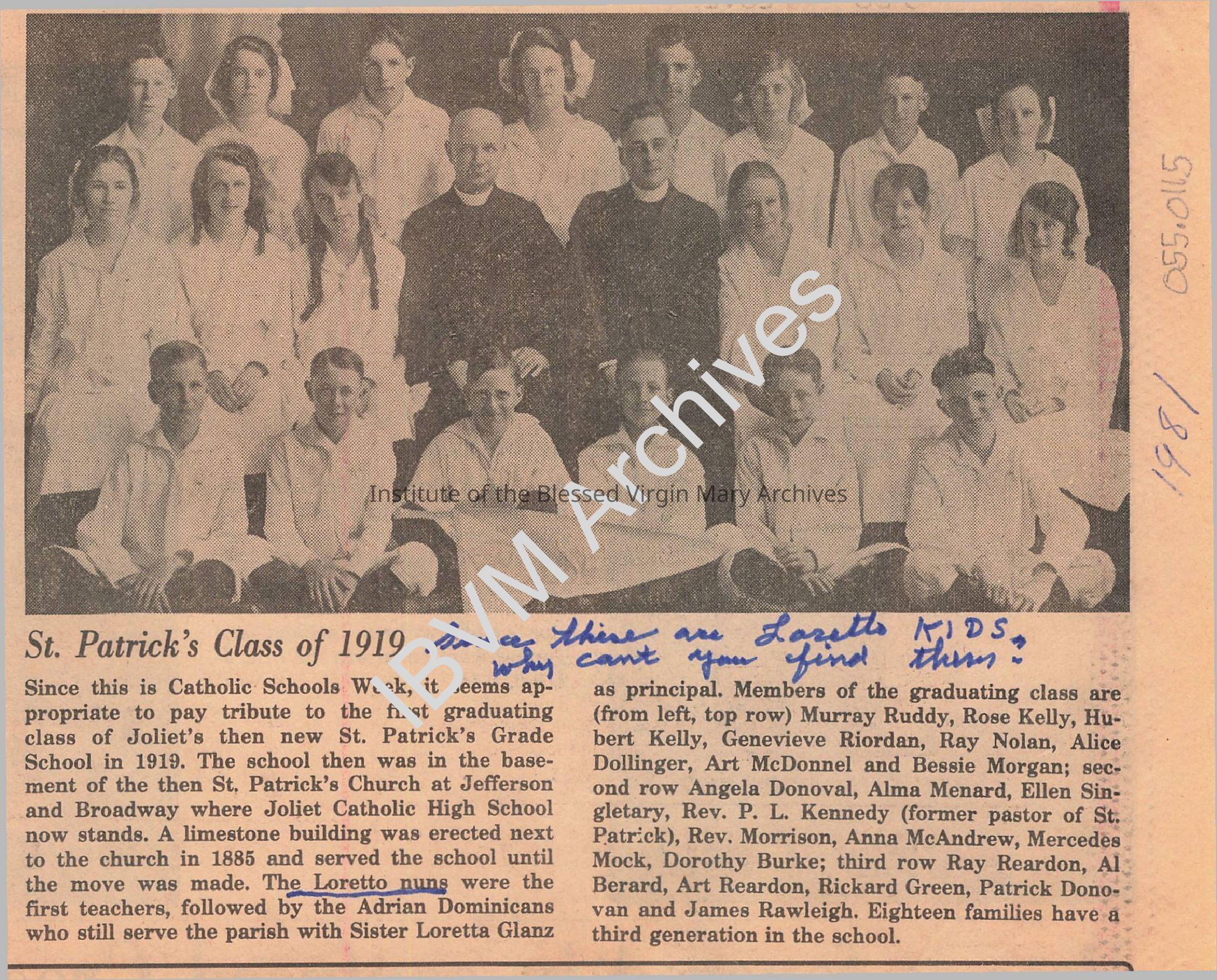 St. Patrick's Class of 1919 Newspaper Article: PDF, Watermarked