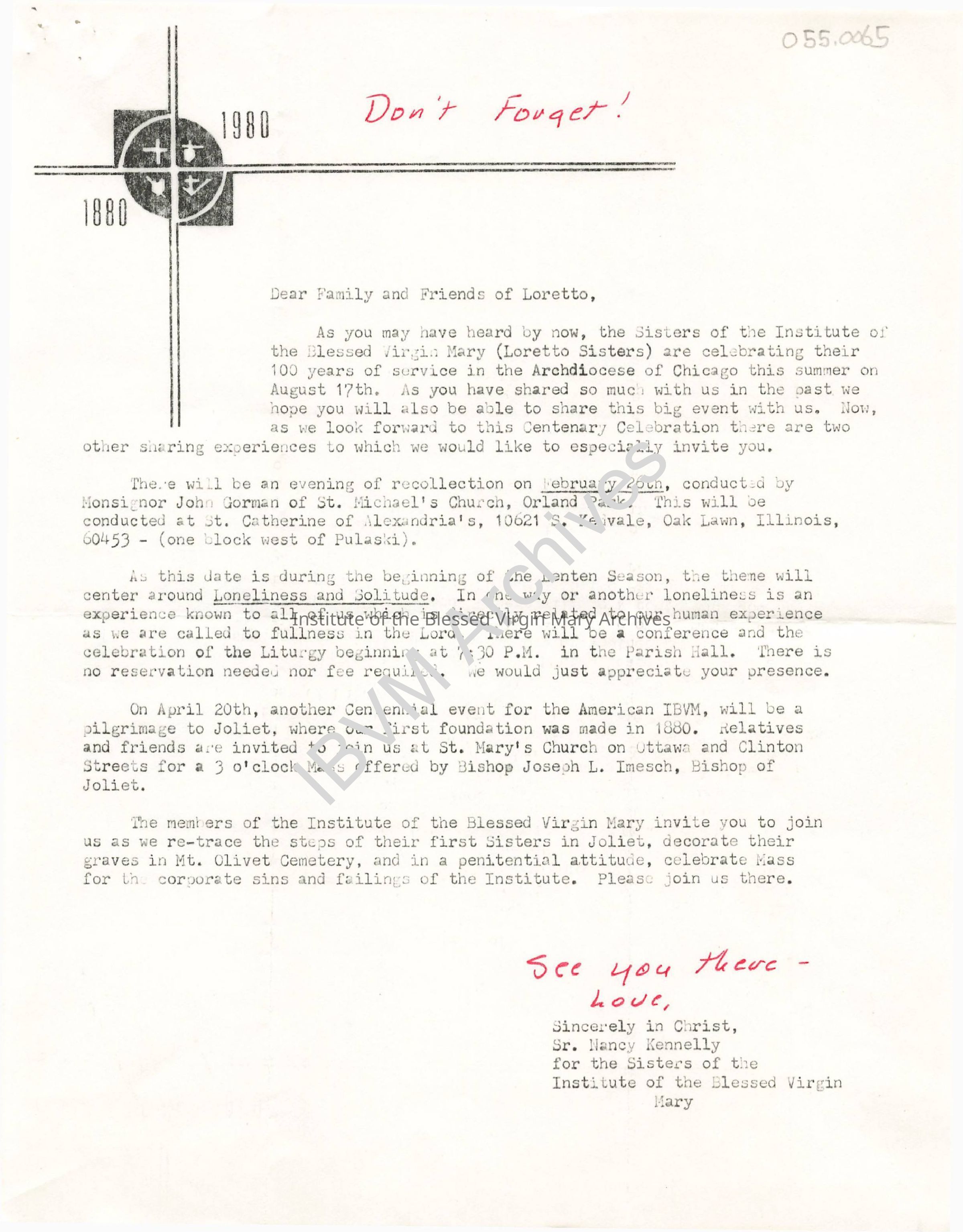 Letter from Sister Nancy Kennelly: PDF, Watermarked