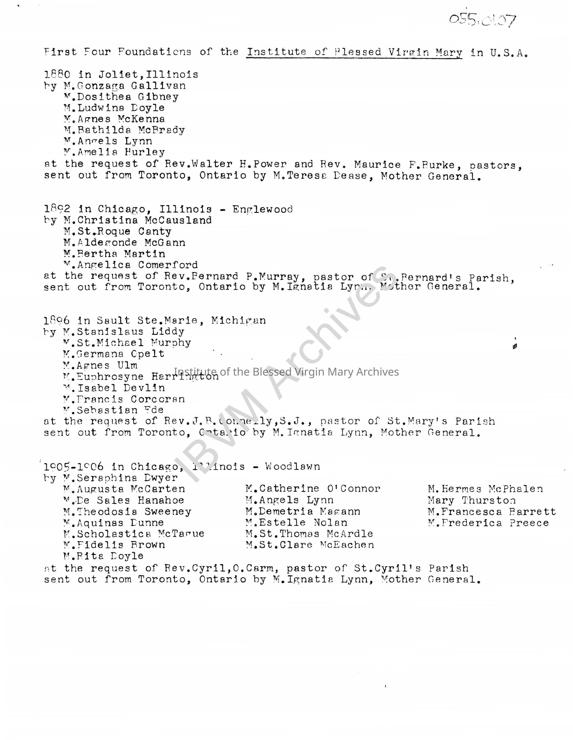Early History of the IBVM in the United States: PDF, Watermarked