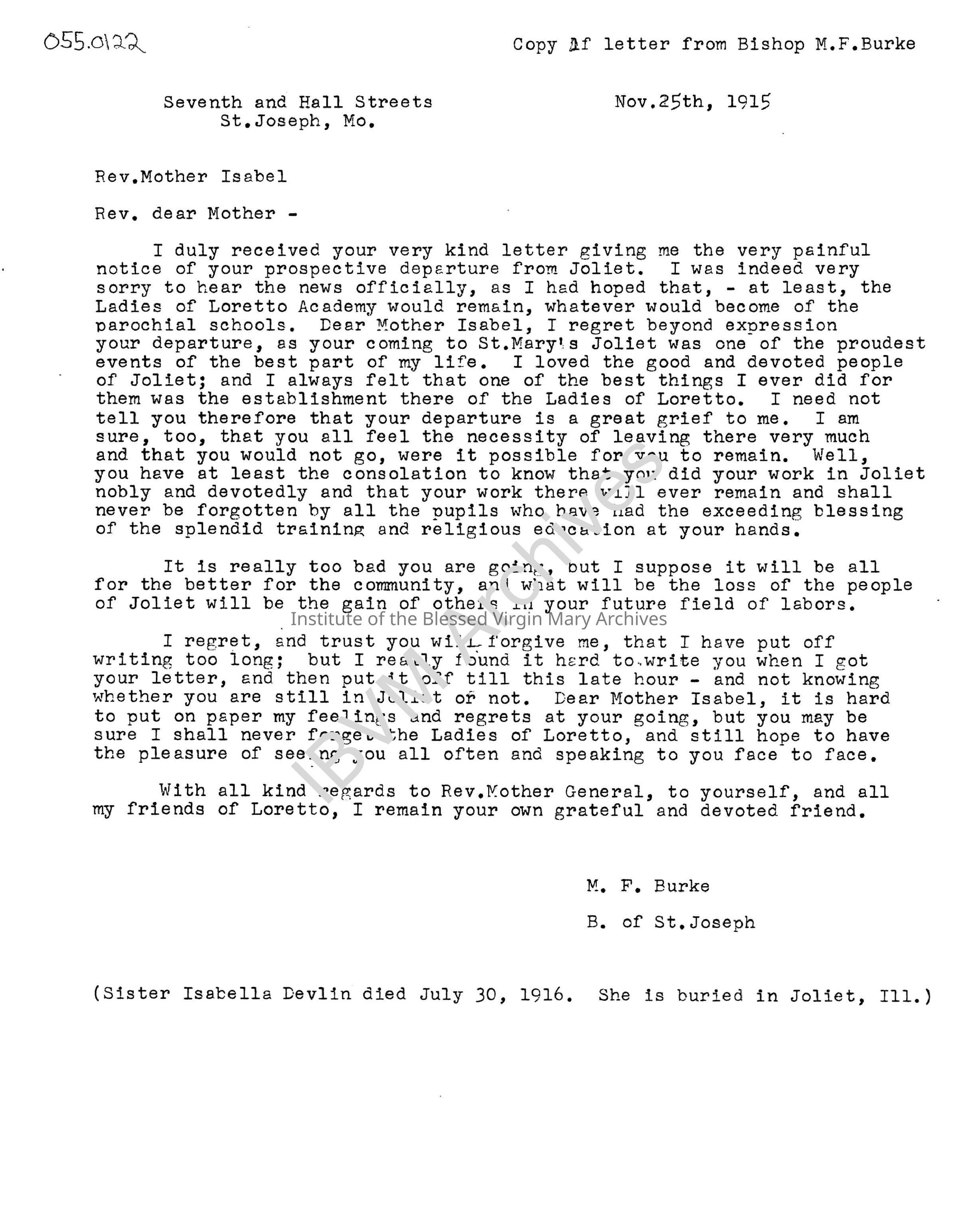 Letter from Bishop M. F. Burke: PDF, Watermarked