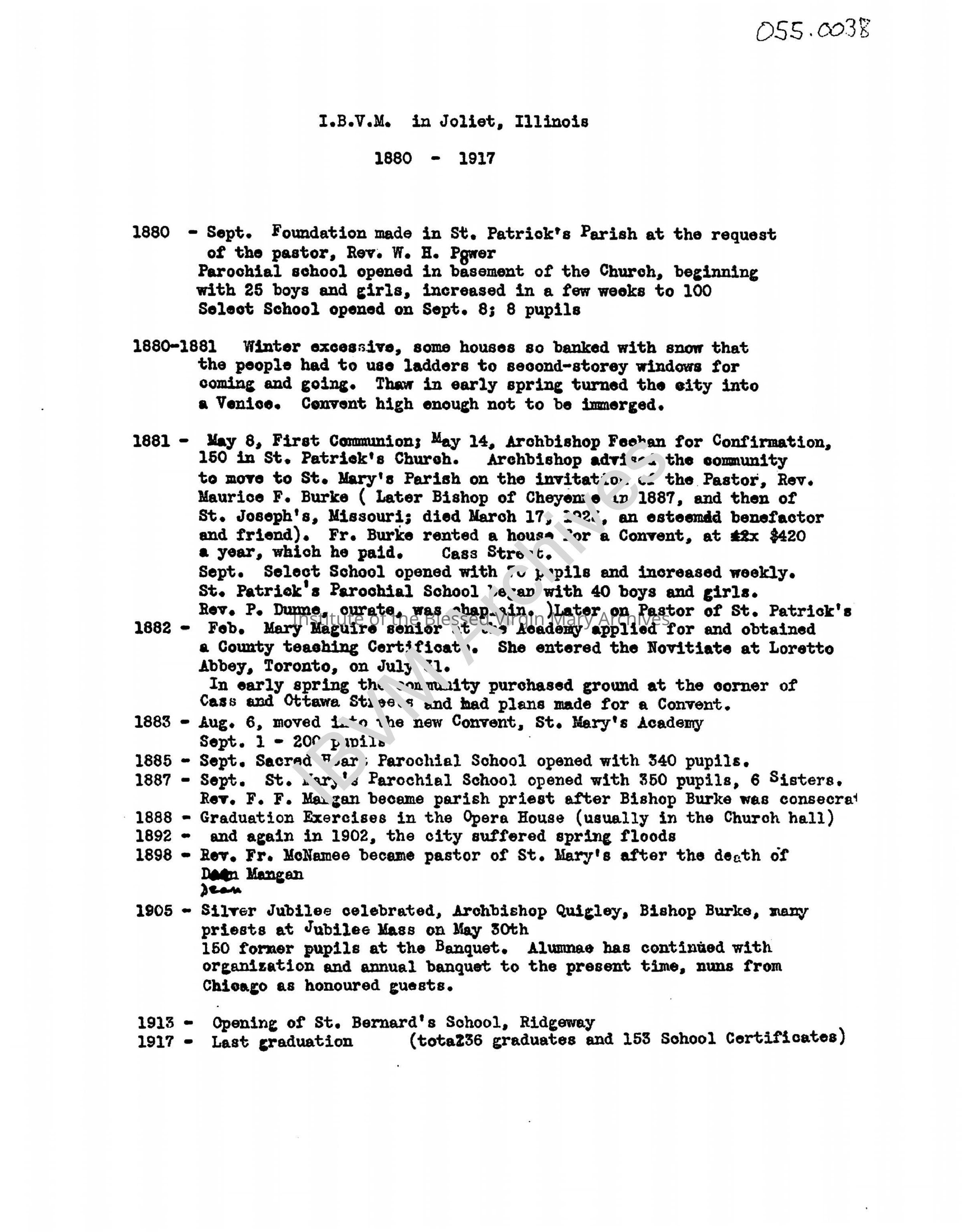 Chronology of IBVM in Joliet, 1880 - 1917: PDF, Watermarked