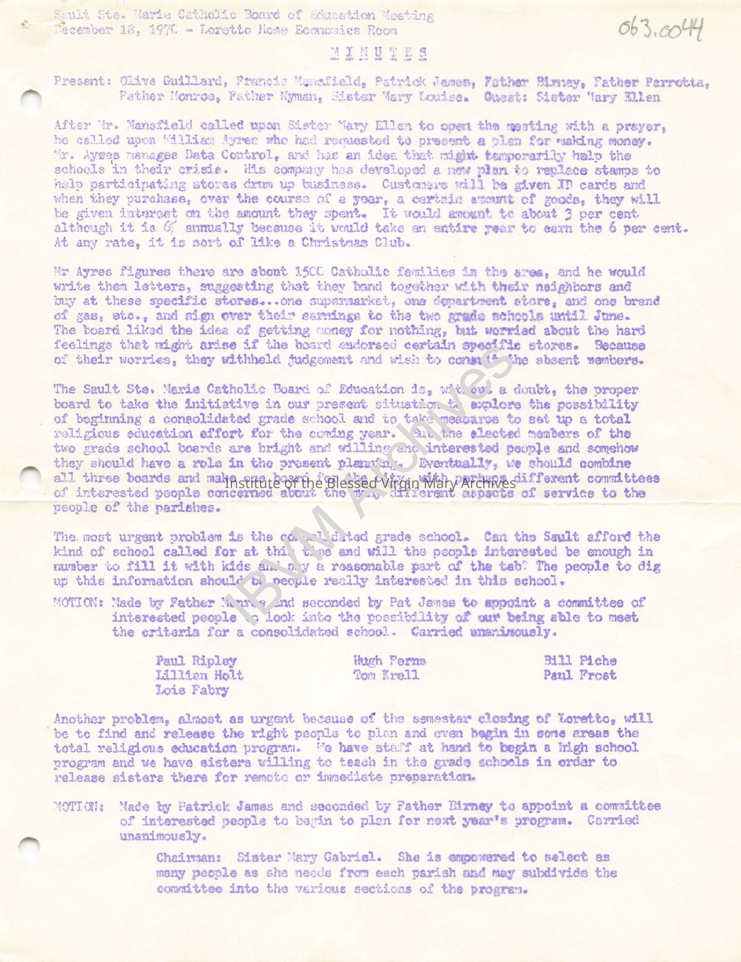Sault Ste. Marie Catholic Board of Education Meeting Minutes: PDF, Watermarked