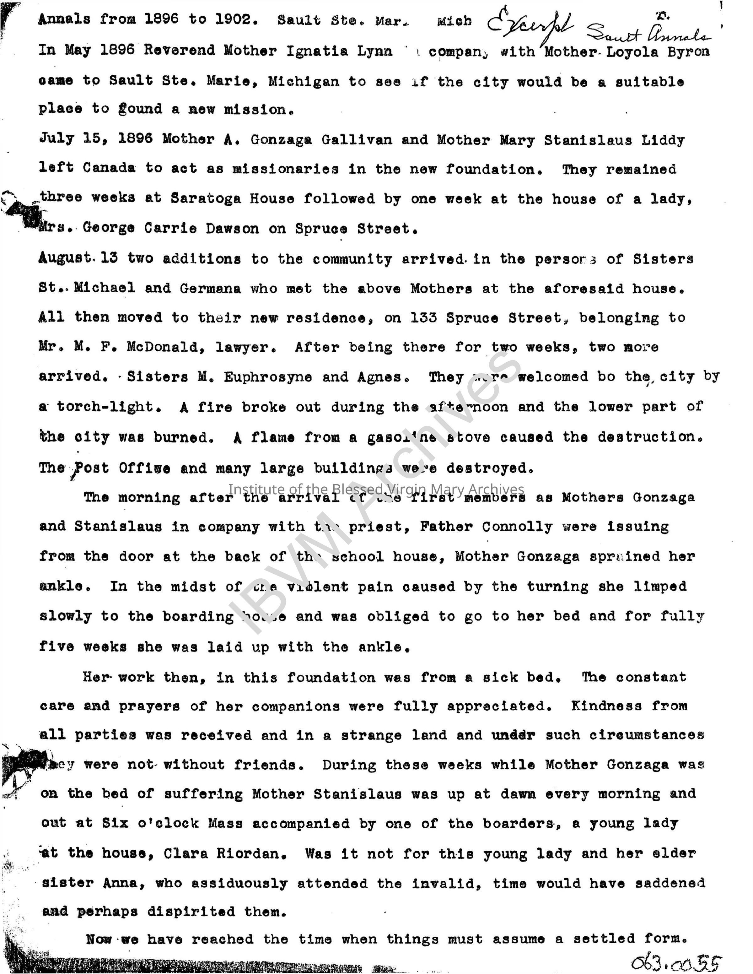 Excerpt from the Sault Ste. Marie Annals, 1896: PDF, Watermarked