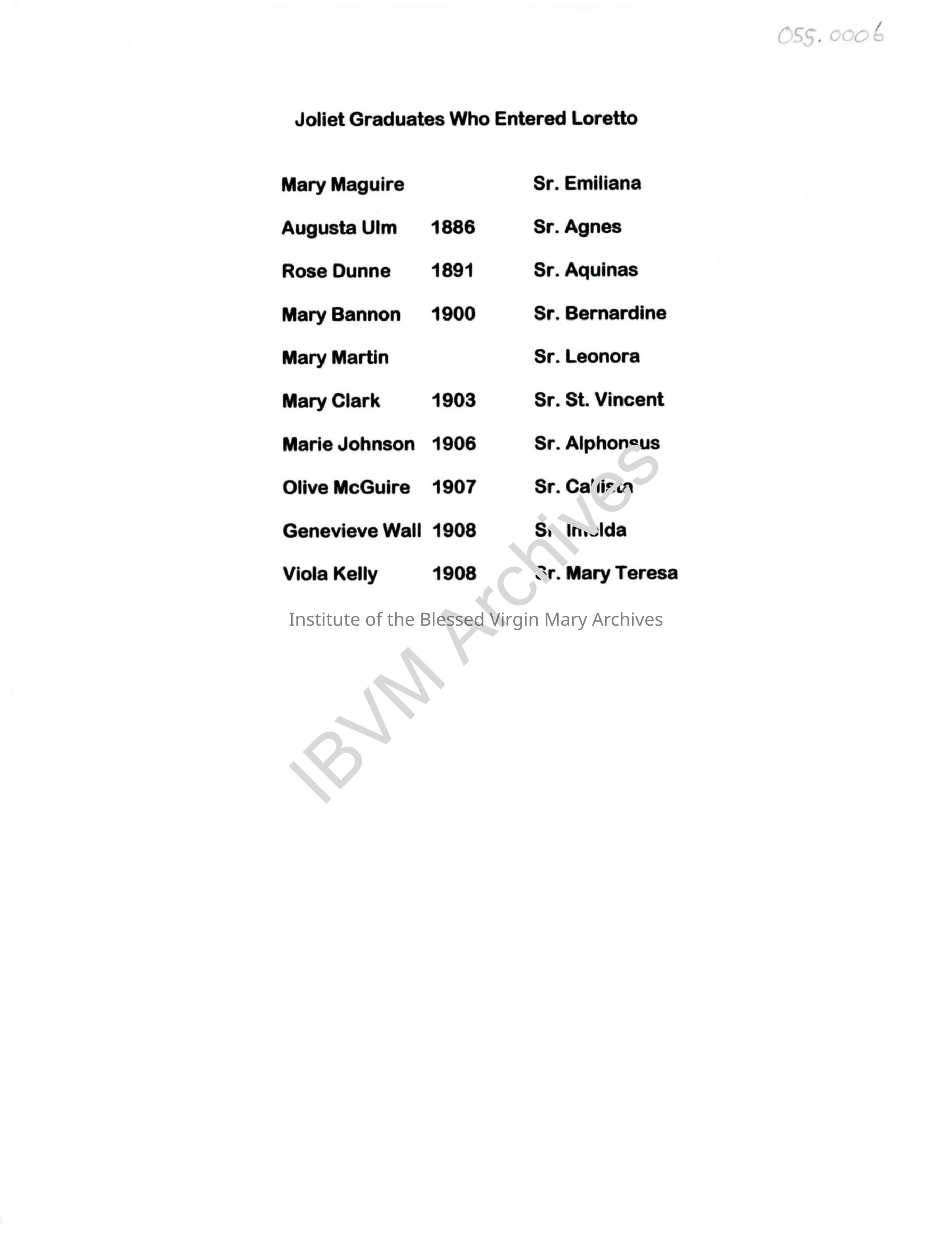 Joliet Graduates Who Entered Loretto: PDF, Watermarked