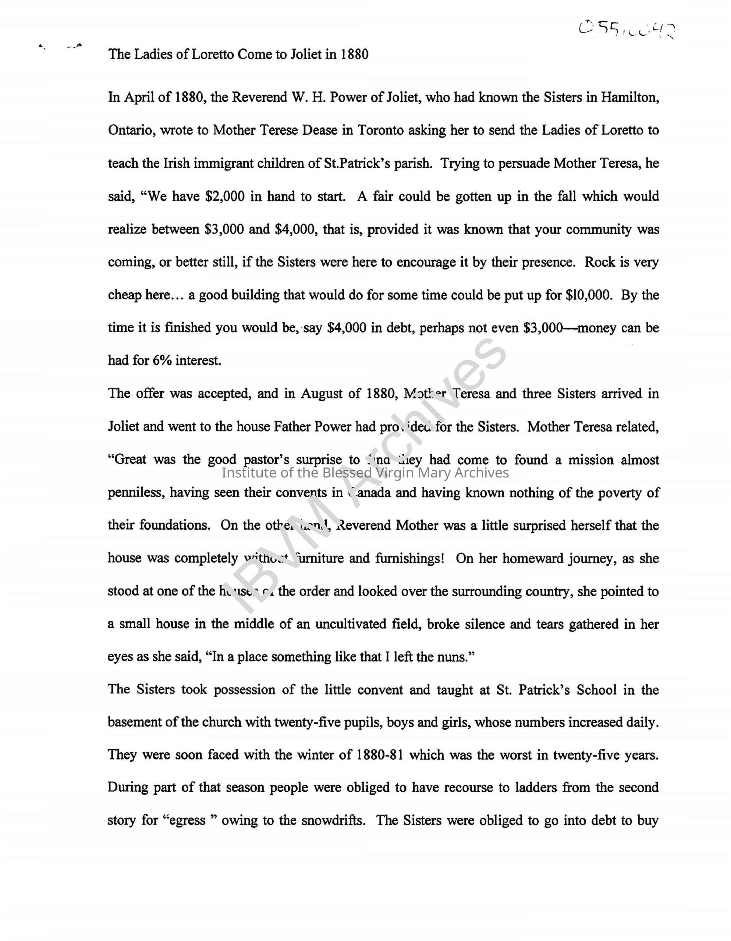 The Ladies of Loretto Come to Joliet in 1880: PDF, Watermarked