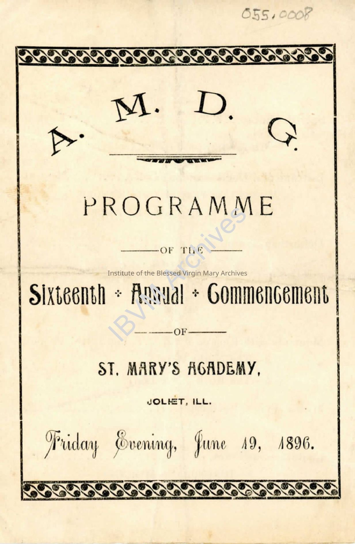 St Mary's Academy Commencement Program, 1896: PDF, Watermarked