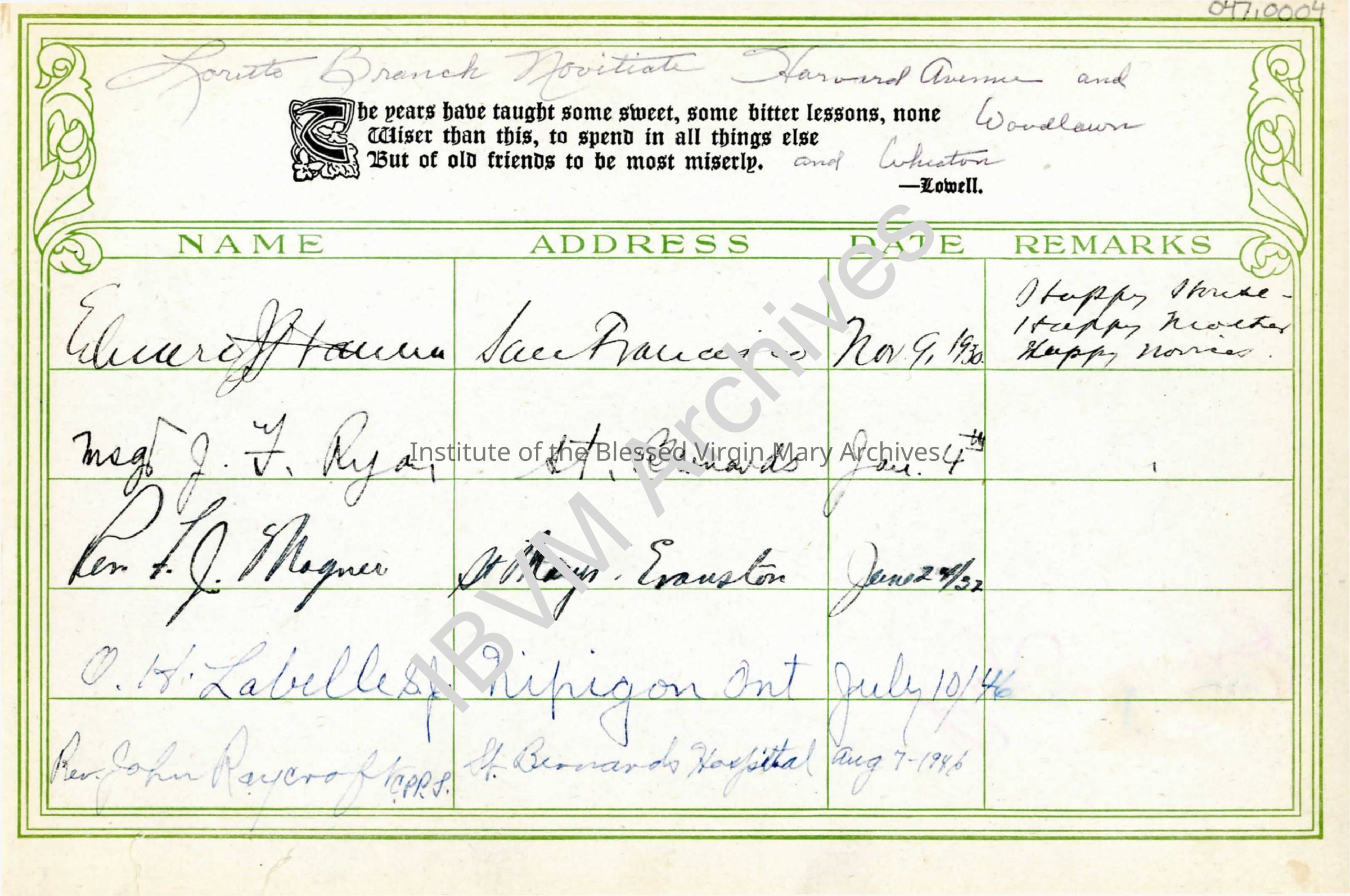 Loretto Branch Novitiate Guestbook: PDF, Watermarked