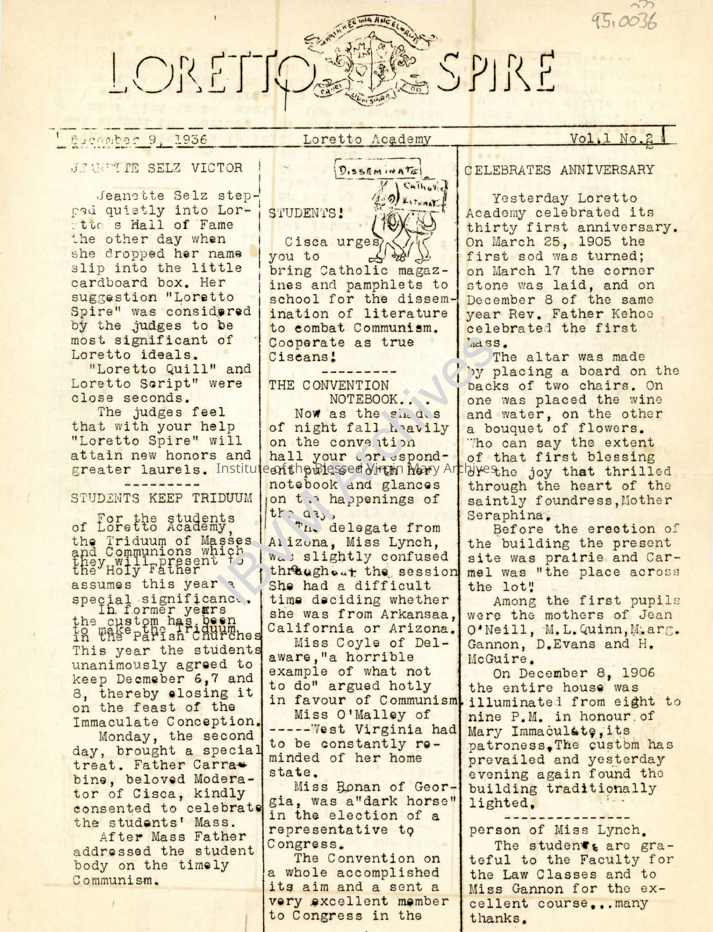 Loretto Spire Newsletter, Volume 1 No. 2, 1936: PDF, Watermarked