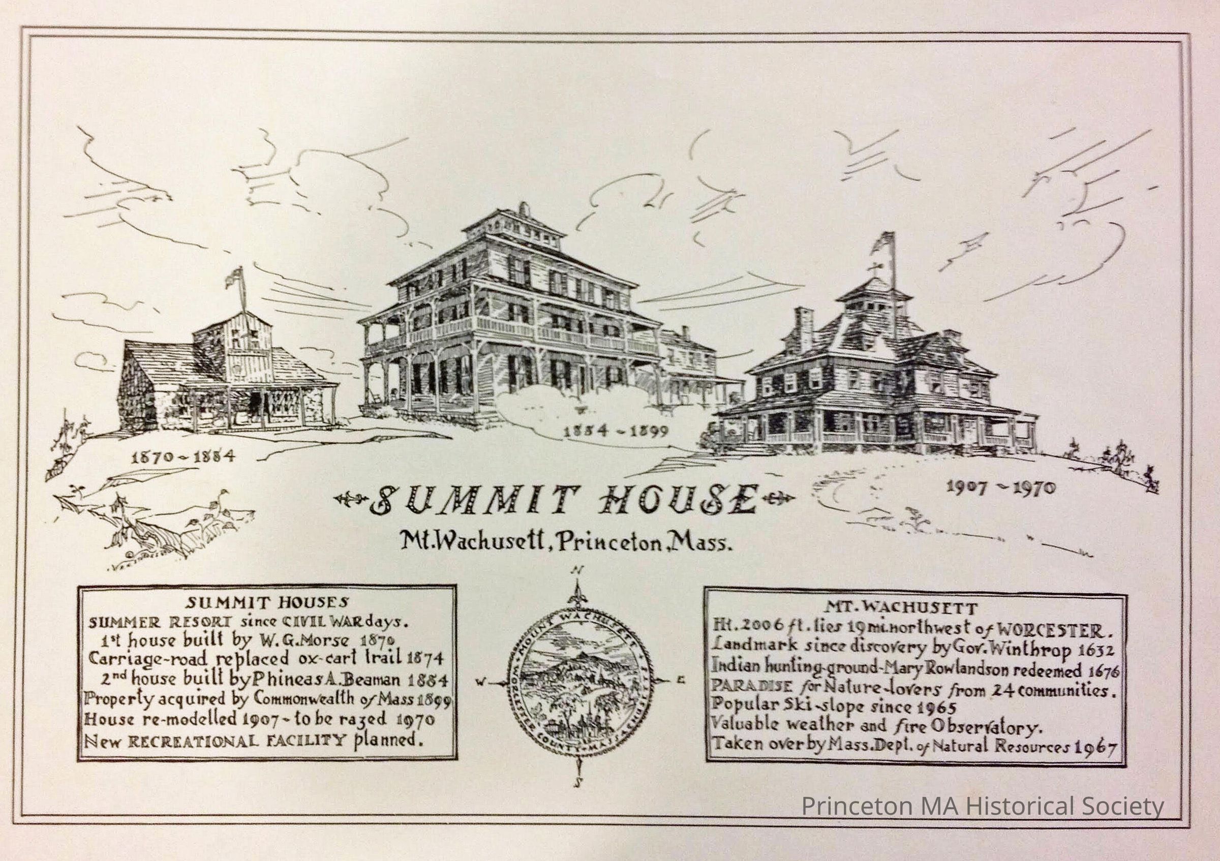 SUMMER RESORT since CIVIL WARS days & MT. WACHUSETT: 1st house built by W.G. Morse 1876 - Carriage-road replaced ox-cart trail 1874. - 2nd house built by Phineas A. Beaman 1884 - Property acquired by Commonwealth of MA 1899 - House re-molded 1907 - destroyed by fire 1970
Height 2006ft - 19 miles northwest of WORCESTER - Discovered by Gov. Winthrop 1632 - PARADISE for Nature-lovers from 24 communities - POPULAR Ski-slope since 1965 - Valuable weather and fire Observatory - Taken over by MA Dept. of Natural Resources 1967.