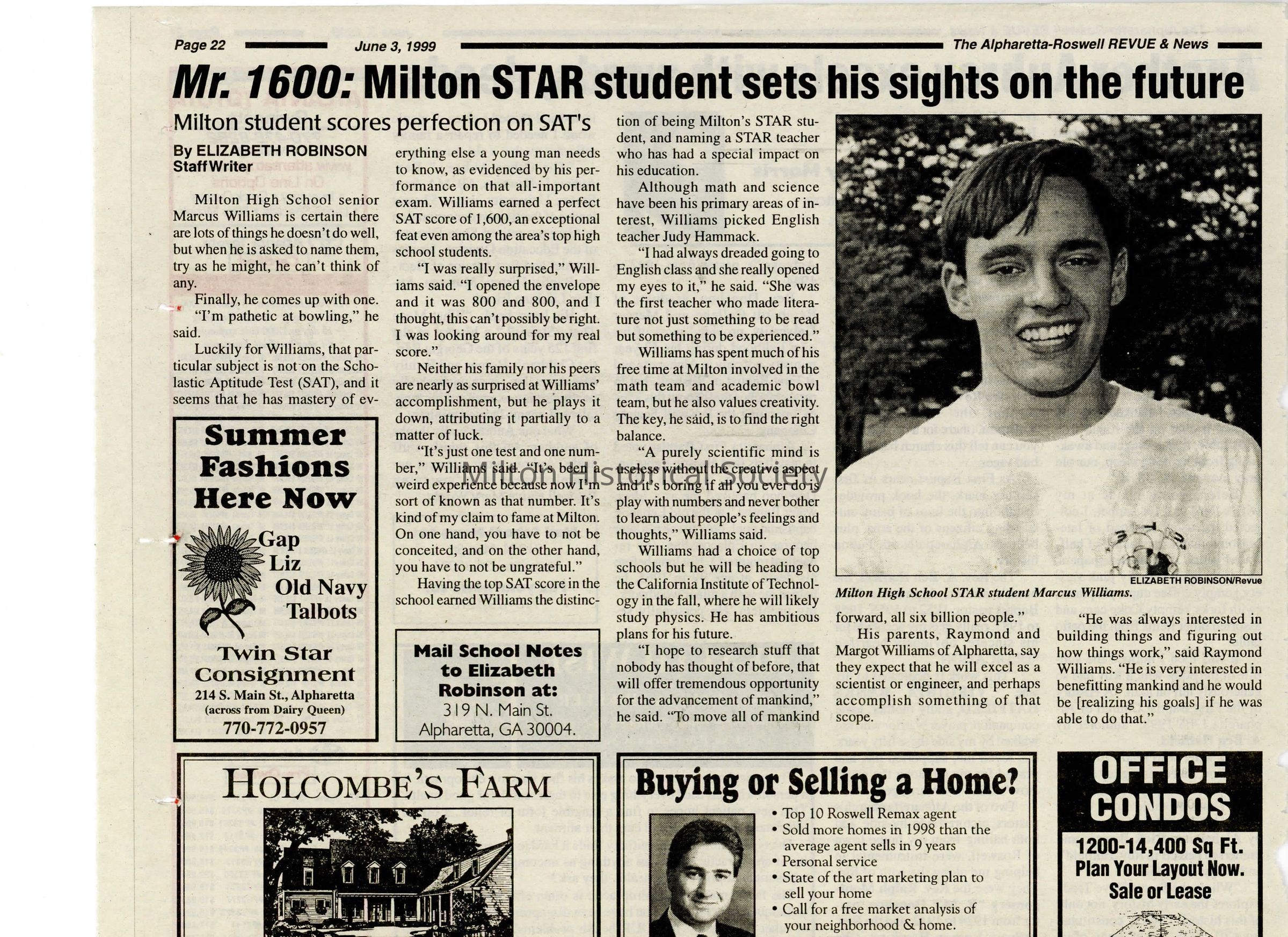 Article written by Elizabeth Robinson, Staff Writer: Marcus Williams scores a perfect 1600 on SAT