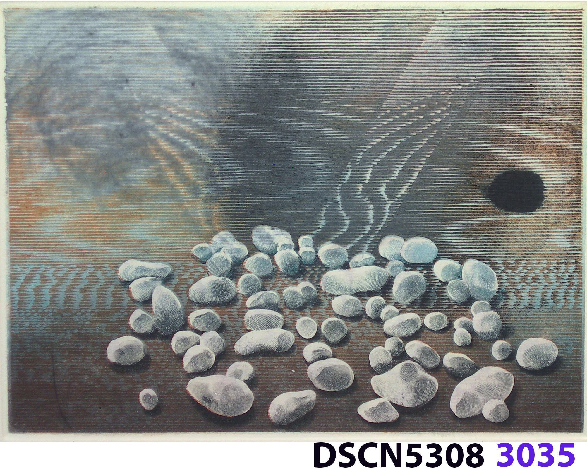 Stone Set IV: As a historical note, artist Bill Ritchie worked briefly at the Munch Museum studying the wood blocks that Edvard Munch cut and printed. Some of his woodcuts, notably "Badende Mann," (Bathing Man) he printed not as replicas or multiples all alike, but with different colors. These are termed monoprints, which means there are blocks which and be used to make almost identical impressions, but for artistic purposes (i.e., enjoyment of the creative artist) but the artist chose instead to make variations. In this print, Stone Set, Bill used an etched zinc plate from the Stone Set series and an under-image to a carved woodblock. Most, if not all, of the etched plates were printed in black, but the woodblock, being that it is printed with water-based colors in the Japanese manner (sosaku hanga) invites spontaneous color changes. The printer only has to dip the brush into a different color on the palette to produce a change. In other, mostly oil-based printing mediums, color changes are not that easy. Munch, for example, had to clean his inking slab and roller each time he wanted to try a different color. It must be mentioned, also, that Bill carved the lines in wood based on his video art. Television in those days was analog technology, with one or three electron beams scanning side-to-side of the picture from top to bottom and back again. The "picture" in Bill's video for this woodcut was not of the the real world, but the lines were instead the result of his stopping a videotape on a reel-to-reel videotape player and freezing the scanning at that stop-point. He photographed the TV screen, printed the negatiive, an traced it line-by line onto the woodcut and started carving. Another element to be mentioned is that the woodcut was printed on thin Asian paper (which works best in Japanese woodcut-style printing), let dry, then laminated to the etching in a second printing. The method is called Chine-colle, with water-based paste used to glue the sheets togehter. On close examination, one can tell the black oil-based etching ink is printed over the color, water-based ink.