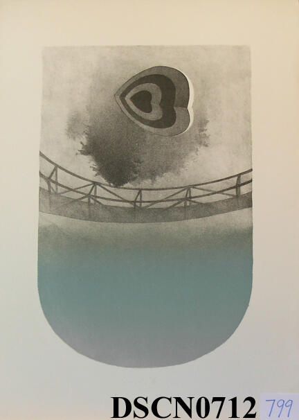 Target Heart 2: Trial proof in the Target Heart 2 edition. The crayon manner drawing on stone is slow and exacting in the way that I approached the method, and a good way to meditate on my themes. I was combining the target heart, trees, reflections, and bridge themes into the composition. This was when trees were moving back to the background, the bridge an over-arching character and the target hearts to the foreground.