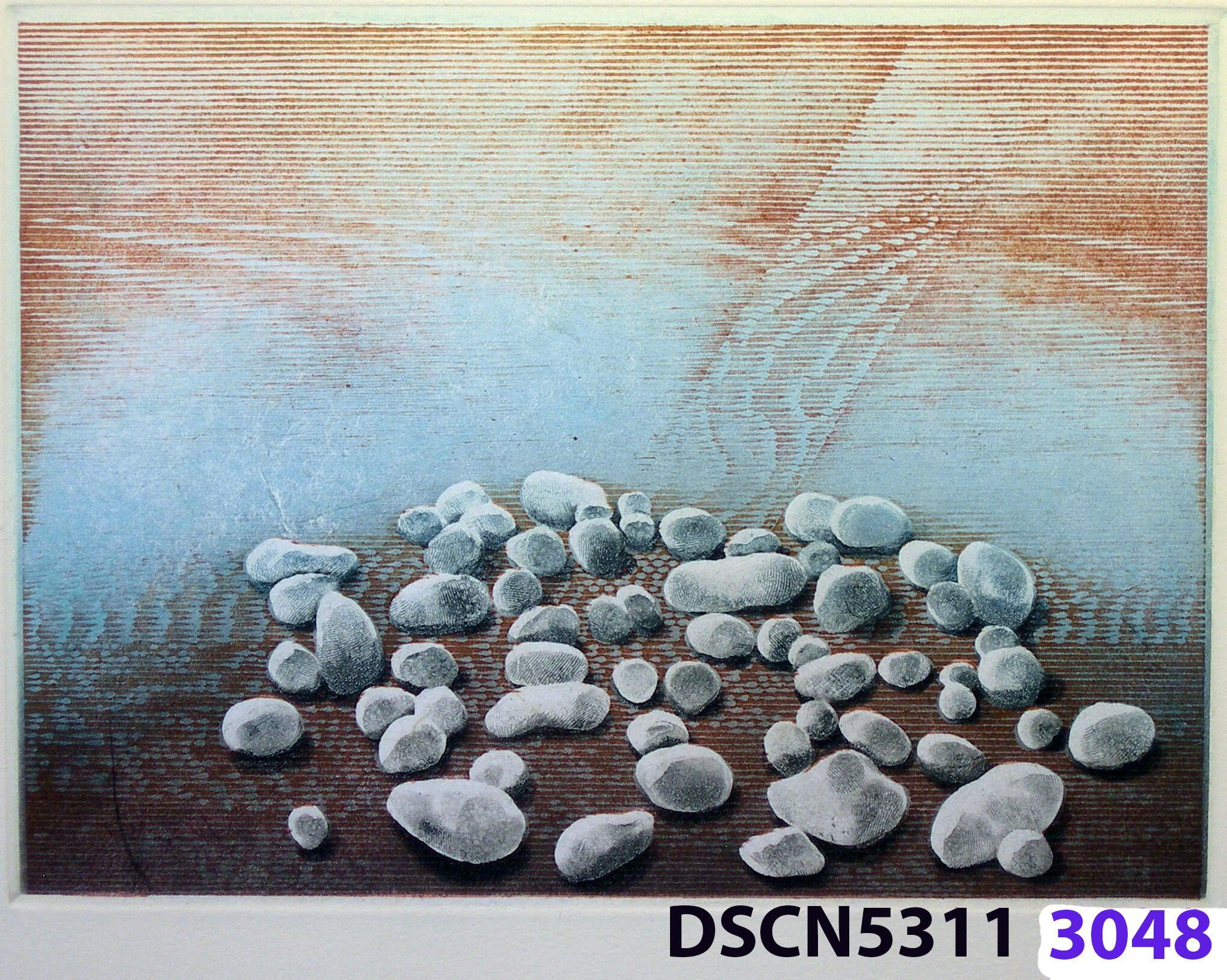 Stone Set IV: As a historical note, artist Bill Ritchie worked briefly at the Munch Museum studying the wood blocks that Edvard Munch cut and printed. Some of his woodcuts, notably "Badende Mann," (Bathing Man) he printed not as replicas or multiples all alike, but with different colors. These are termed monoprints, which means there are blocks which and be used to make almost identical impressions, but for artistic purposes (i.e., enjoyment of the creative artist) but the artist chose instead to make variations. In this print, Stone Set, Bill used an etched zinc plate from the Stone Set series and an under-image to a carved woodblock. Most, if not all, of the etched plates were printed in black, but the woodblock, being that it is printed with water-based colors in the Japanese manner (sosaku hanga) invites spontaneous color changes. The printer only has to dip the brush into a different color on the palette to produce a change. In other, mostly oil-based printing mediums, color changes are not that easy. Munch, for example, had to clean his inking slab and roller each time he wanted to try a different color. It must be mentioned, also, that Bill carved the lines in wood based on his video art. Television in those days was analog technology, with one or three electron beams scanning side-to-side of the picture from top to bottom and back again. The "picture" in Bill's video for this woodcut was not of the the real world, but the lines were instead the result of his stopping a videotape on a reel-to-reel videotape player and freezing the scanning at that stop-point. He photographed the TV screen, printed the negatiive, an traced it line-by line onto the woodcut and started carving. Another element to be mentioned is that the woodcut was printed on thin Asian paper (which works best in Japanese woodcut-style printing), let dry, then laminated to the etching in a second printing. The method is called Chine-colle, with water-based paste used to glue the sheets togehter. On close examination, one can tell the black oil-based etching ink is printed over the color, water-based ink.