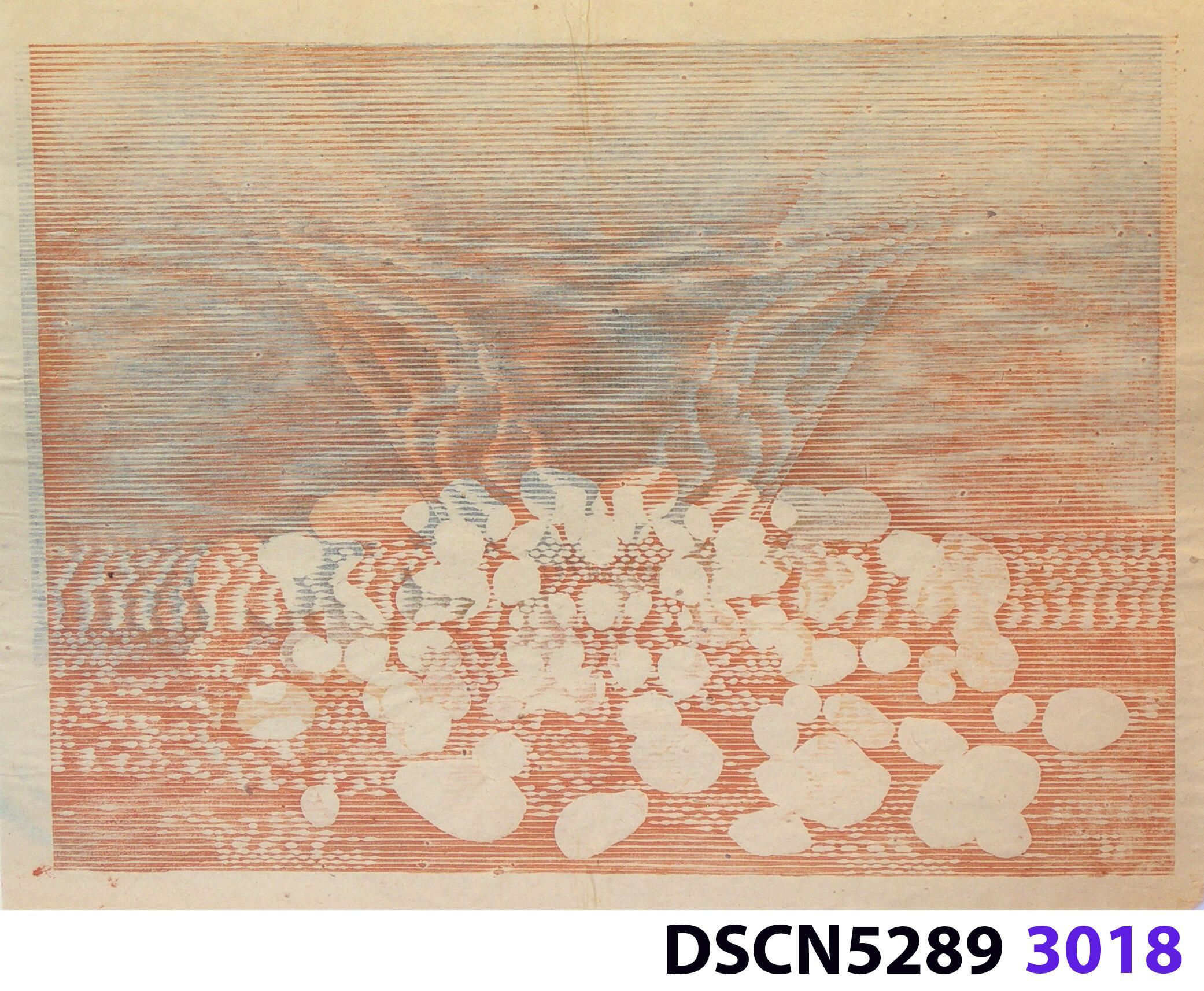 Stone Set: As a historical note, artist Bill Ritchie worked briefly at the Munch Museum studying the wood blocks that Edvard Munch cut and printed. Some of his woodcuts, notably "Badende Mann," (Bathing Man) he printed not as replicas or multiples all alike, but with different colors. These are termed monoprints, which means there are blocks which and be used to make almost identical impressions, but for artistic purposes (i.e., enjoyment of the creative artist) but the artist chose instead to make variations. In this print, Stone Set, Bill used an etched zinc plate from the Stone Set series and an under-image to a carved woodblock. Most, if not all, of the etched plates were printed in black, but the woodblock, being that it is printed with water-based colors in the Japanese manner (sosaku hanga) invites spontaneous color changes. The printer only has to dip the brush into a different color on the palette to produce a change. In other, mostly oil-based printing mediums, color changes are not that easy. Munch, for example, had to clean his inking slab and roller each time he wanted to try a different color. It must be mentioned, also, that Bill carved the lines in wood based on his video art. Television in those days was analog technology, with one or three electron beams scanning side-to-side of the picture from top to bottom and back again. The "picture" in Bill's video for this woodcut was not of the the real world, but the lines were instead the result of his stopping a videotape on a reel-to-reel videotape player and freezing the scanning at that stop-point. He photographed the TV screen, printed the negatiive, an traced it line-by line onto the woodcut and started carving. Another element to be mentioned is that the woodcut was printed on thin Asian paper (which works best in Japanese woodcut-style printing), let dry, then laminated to the etching in a second printing. The method is called Chine-colle, with water-based paste used to glue the sheets togehter. On close examination, one can tell the black oil-based etching ink is printed over the color, water-based ink.