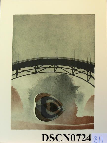 Target Heart 2: Trial proof in the Target Heart 2 edition. The crayon manner drawing on stone is slow and exacting in the way that I approached the method, and a good way to meditate on my themes. I was combining the target heart, trees, reflections, and bridge themes into the composition. This was when trees were moving back to the background, the bridge an over-arching character and the target hearts to the foreground.