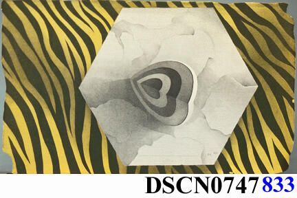 Tiger Target Heart: Tiger Target Heart, the artist thinks about the extinction of Earth's amazing creatures, for example, the Bengal tiger. Against black and yellow stripes like those of a tiger, a hexagon floats; and inside the artist's signature target-heart in black-and-white with nebulous shapes in the background.