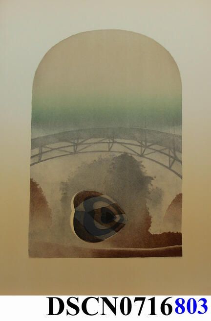 Target Heart 2: Trial proof in the Target Heart 2 edition. The crayon manner drawing on stone is slow and exacting in the way that I approached the method, and a good way to meditate on my themes. I was combining the target heart, trees, reflections, and bridge themes into the composition. This was when trees were moving back to the background, the bridge an over-arching character and the target hearts to the foreground.