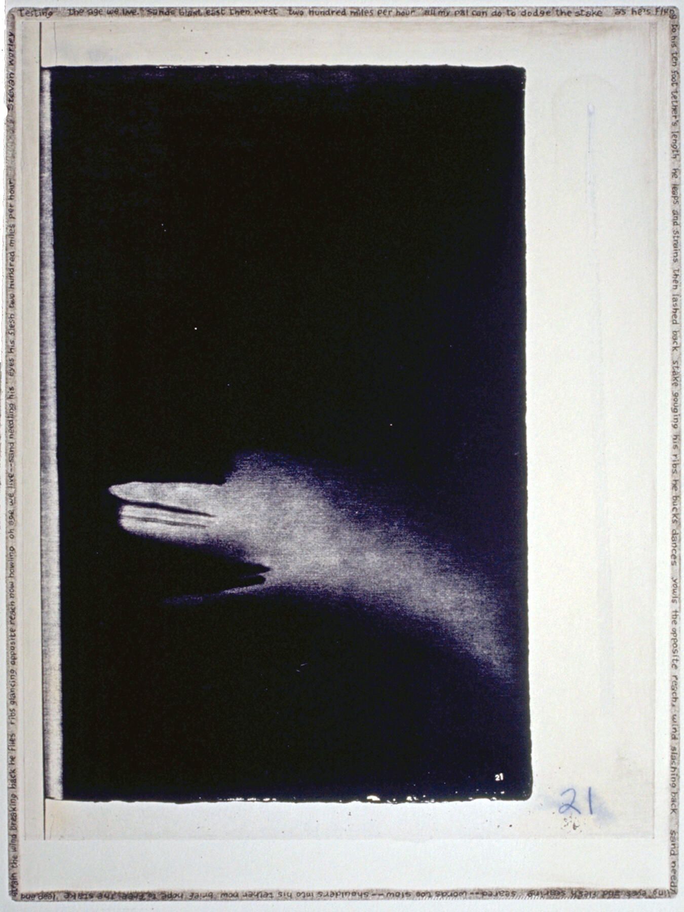 Handmade Dogs 21: A hand-shadow dog originated in cyanotype, which was scanned and printed by an office copier, then laminated by chine-colle to etching paper on a copper plate whose edges were beveled and polished. With a fine pen point, Worley's poem was written around the perimeter of the embossing, with added tiny checkerboard patterns. Also, bones were painted with a fingertip and black etching ink.