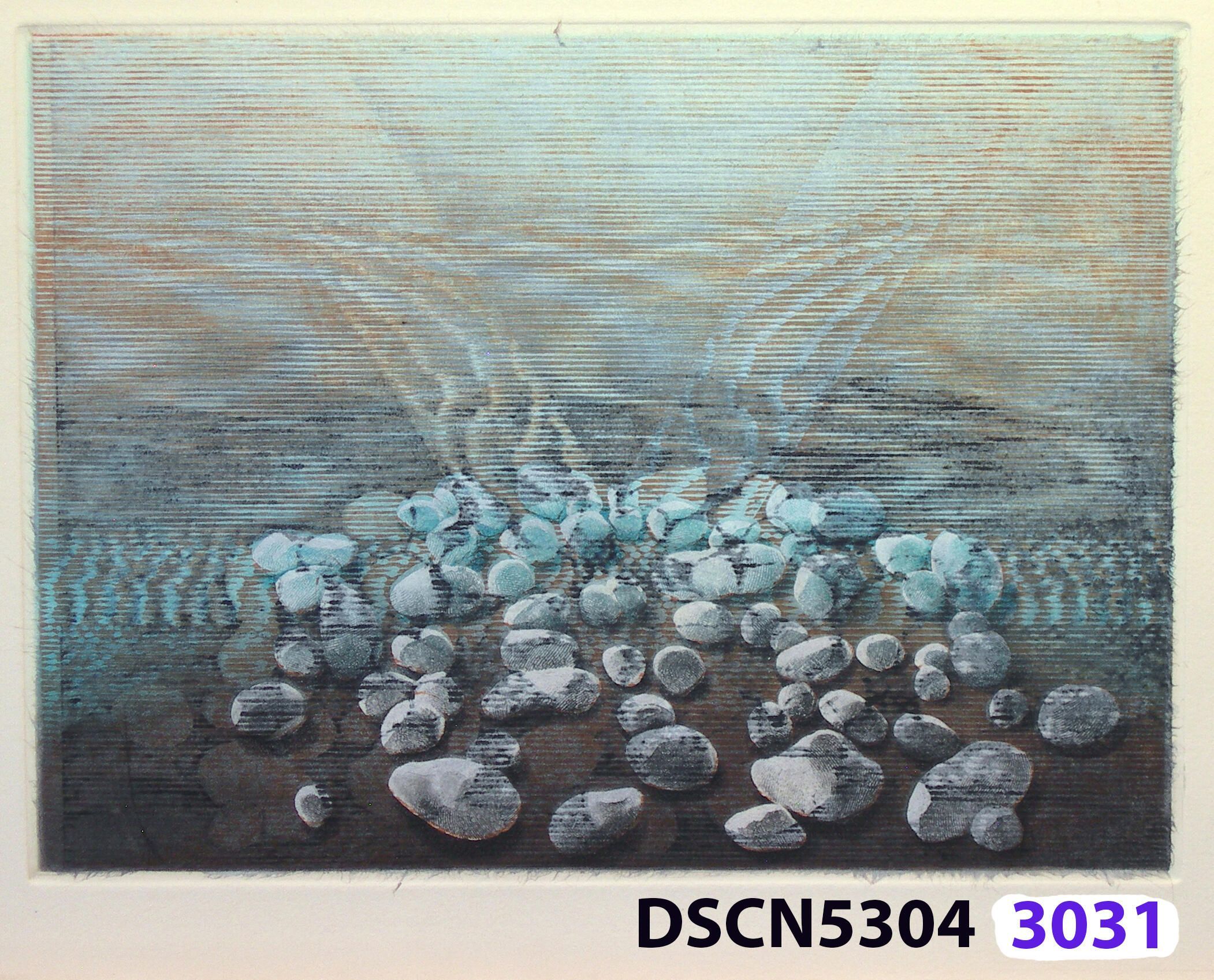 Stone Set IV: As a historical note, artist Bill Ritchie worked briefly at the Munch Museum studying the wood blocks that Edvard Munch cut and printed. Some of his woodcuts, notably "Badende Mann," (Bathing Man) he printed not as replicas or multiples all alike, but with different colors. These are termed monoprints, which means there are blocks which and be used to make almost identical impressions, but for artistic purposes (i.e., enjoyment of the creative artist) but the artist chose instead to make variations. In this print, Stone Set, Bill used an etched zinc plate from the Stone Set series and an under-image to a carved woodblock. Most, if not all, of the etched plates were printed in black, but the woodblock, being that it is printed with water-based colors in the Japanese manner (sosaku hanga) invites spontaneous color changes. The printer only has to dip the brush into a different color on the palette to produce a change. In other, mostly oil-based printing mediums, color changes are not that easy. Munch, for example, had to clean his inking slab and roller each time he wanted to try a different color. It must be mentioned, also, that Bill carved the lines in wood based on his video art. Television in those days was analog technology, with one or three electron beams scanning side-to-side of the picture from top to bottom and back again. The "picture" in Bill's video for this woodcut was not of the the real world, but the lines were instead the result of his stopping a videotape on a reel-to-reel videotape player and freezing the scanning at that stop-point. He photographed the TV screen, printed the negatiive, an traced it line-by line onto the woodcut and started carving. Another element to be mentioned is that the woodcut was printed on thin Asian paper (which works best in Japanese woodcut-style printing), let dry, then laminated to the etching in a second printing. The method is called Chine-colle, with water-based paste used to glue the sheets togehter. On close examination, one can tell the black oil-based etching ink is printed over the color, water-based ink.