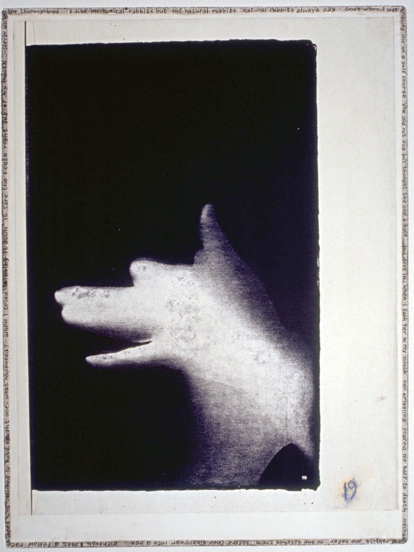 Handmade Dogs 19: A hand-shadow dog originated in cyanotype, which was scanned and printed by an office copier, then laminated by chine-colle to etching paper on a copper plate whose edges were beveled and polished. With a fine pen point, Worley's poem was written around the perimeter of the embossing, with added tiny checkerboard patterns. Also, bones were painted with a fingertip and black etching ink.