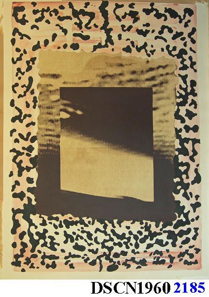 Study for My Father's Farm from the Moon: Preparing to cut and etch the plates for the central image and the framing plates, I made this mixed-media work on paper, combining the diazo image in the center, paint, and pencil.
The brown image is from a video artwork photographed and printed as a diazo brownline, a moonscape image inspired by science fiction.