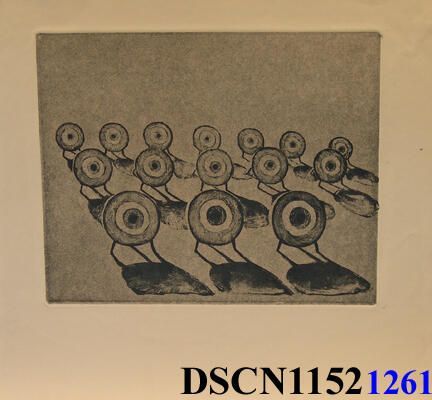 15 Targets: The target images were made in lithograph washes on stone, and the gray overlay was rolled on when the stone had dried. Printed to the edge of the stone, so the chip in the stone's edge is visible. The white flare on the lower left is due to the roller leaving the surface.
Fifteen (count them!) target arranged in a fantasy layout, one of the target series I was obsessed with in the mid and late 1960s.