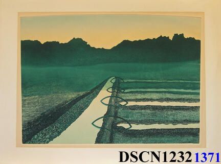 My Father's Farm: “My Father’s Farm” is named for the real thing, where we used siphon hoses for irrigation. Those bright, early mornings were only a farm boy’s memory of 1960. When I made this print in 1972, it was now in very different world to which I had come to live. The image was composed from a video photograph made in the first video art experiments, using 16 mm film of a sunrise over the Cascades and a drawing by the same title.
