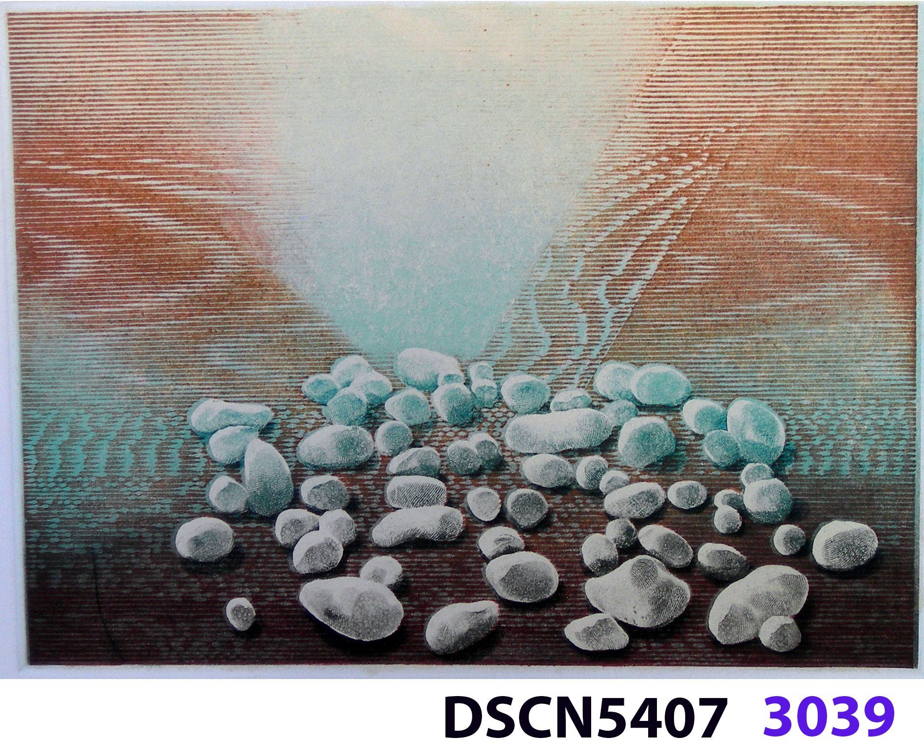 Stone Set IV: As a historical note, artist Bill Ritchie worked briefly at the Munch Museum studying the wood blocks that Edvard Munch cut and printed. Some of his woodcuts, notably "Badende Mann," (Bathing Man) he printed not as replicas or multiples all alike, but with different colors. These are termed monoprints, which means there are blocks which and be used to make almost identical impressions, but for artistic purposes (i.e., enjoyment of the creative artist) but the artist chose instead to make variations. In this print, Stone Set, Bill used an etched zinc plate from the Stone Set series and an under-image to a carved woodblock. Most, if not all, of the etched plates were printed in black, but the woodblock, being that it is printed with water-based colors in the Japanese manner (sosaku hanga) invites spontaneous color changes. The printer only has to dip the brush into a different color on the palette to produce a change. In other, mostly oil-based printing mediums, color changes are not that easy. Munch, for example, had to clean his inking slab and roller each time he wanted to try a different color. It must be mentioned, also, that Bill carved the lines in wood based on his video art. Television in those days was analog technology, with one or three electron beams scanning side-to-side of the picture from top to bottom and back again. The "picture" in Bill's video for this woodcut was not of the the real world, but the lines were instead the result of his stopping a videotape on a reel-to-reel videotape player and freezing the scanning at that stop-point. He photographed the TV screen, printed the negatiive, an traced it line-by line onto the woodcut and started carving. Another element to be mentioned is that the woodcut was printed on thin Asian paper (which works best in Japanese woodcut-style printing), let dry, then laminated to the etching in a second printing. The method is called Chine-colle, with water-based paste used to glue the sheets togehter. On close examination, one can tell the black oil-based etching ink is printed over the color, water-based ink.