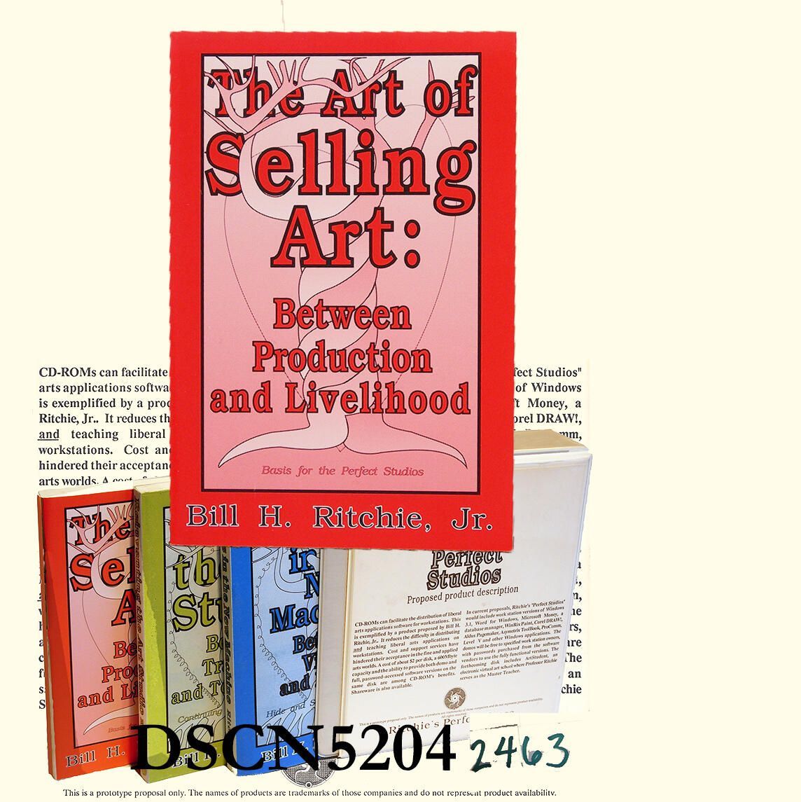Montage - The Perfect Studio Trilogy, a boxed set.: Begun in 1987, two years after he resigned from the University of Washington School of Art, Bill Ritchie was teaming up with his former graduate student, Carl Chew, to create the CD/ROM, "Art Student," premised on their belief there were things the art school was not teaching. The CD/ROM would contain this book as a primer because the economics of an art career depended on selling art, either as products or as services. Either way, their project would benefit students because it outlined tried-and-true methods of marketing and selling art or the person behind the art. Three books would comprise the backbone of the CD/ROM. "The Art of Selling Art" would face up to the acts of living between production and livelihood. "Reinventing the Art Studio" addressed the new technologies that would change artists' methods and roles. The third book would have been, "Ghosts in the New Machine," talking about the lingering conceptions that would inevitably prevent most artists from being all that they could be in a perfect world. The Perfect Studio Trilogy got its name from Ritchie's notion of an art school patterned after the teaching hospital and teaching company - the former he learned about because the UW Hospital is one and, second, books written by a local team about "Intrapreneurship," i.e., smart companies where new ideas were allowed to grow within their walls. Because technologies were changing so fast in this period, Ritchie could not keep his manuscript going at the same pace as new machines were being marketed. The manuscripts remain in the rough draft in digital files only. The two books in the illustration are dummies. That is, they are copies of the finished, self-published Art of Selling art wrapped in color copies of Ritchie's planned cover designs.