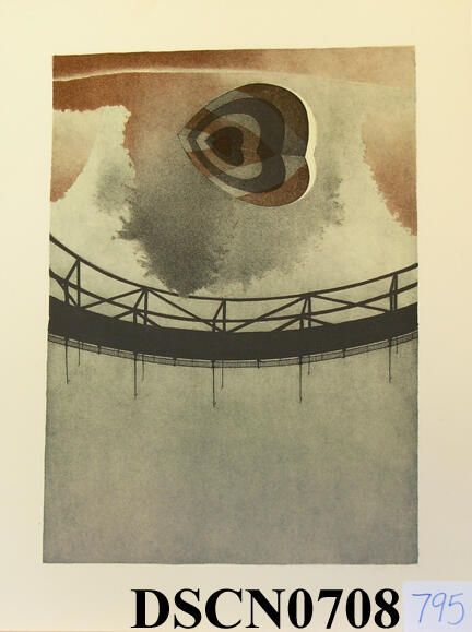 Target Heart 2: Trial proof in the Target Heart 2 edition. The crayon manner drawing on stone is slow and exacting in the way that I approached the method, and a good way to meditate on my themes. I was combining the target heart, trees, reflections, and bridge themes into the composition. This was when trees were moving back to the background, the bridge an over-arching character and the target hearts to the foreground.