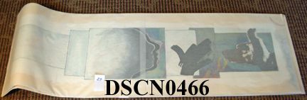 Unscrolled image with tissue: Washington State Art Commission, in cooperations with Spokane Community College, awarded Bill with a commission to design a wall treatment in the Multimedia Center on campus. He was chosen partly because of his pioneering work with multimedia in the 1970s while a professor of art at the University of Washington. His presentations include the one above, based on his computer graphics and video art.