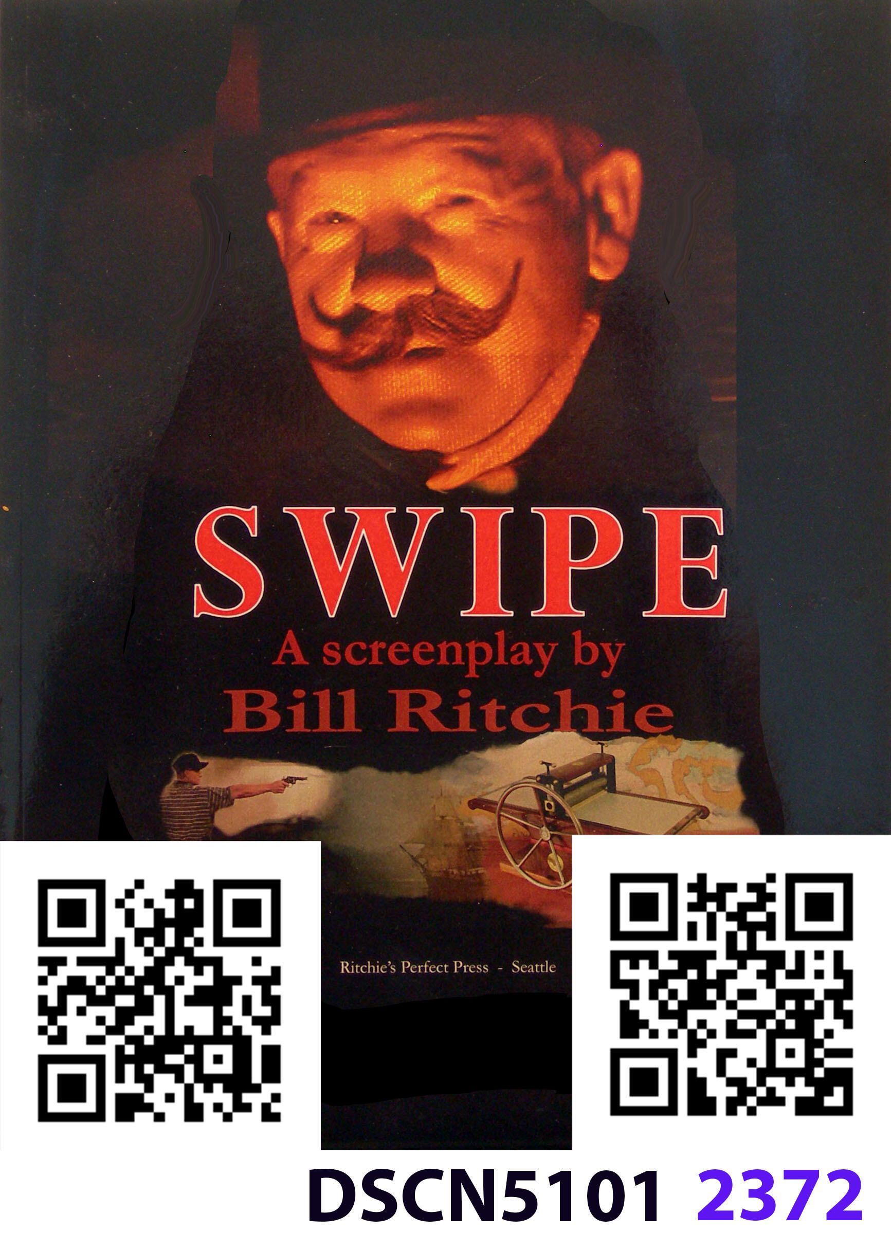 Softcover image for book available on amazon.com: Fragments of the story are on the cover - the image of the protagonist, "Dusty," the author's alter ego, the Halfwood Press he designed, the fabled ship, the Emeralda, and the miscreant student whom the author actually knew in his own college teaching days. This student, enthused in the "happenings" of the 1970s art world, fired a pistol at a stack of targets as his class project, claiming he had "editioned" a print by shooting a hole through the images. Two videos were made in 2012 promoting the screenplay - possibly accessible on YouTube with the QR codes lower left and right. A hundred letters were sent to agents. One, in Florida, responded in March 2014, and asked for a copy; but he passed on the opportunity to promote it.