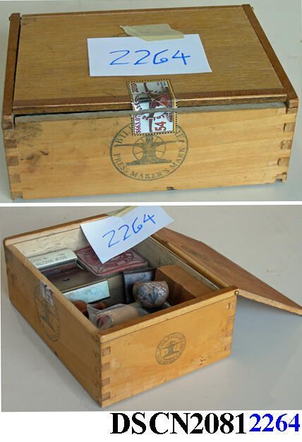 Handstamps: From 1969 on - after I made my first artistamps - stamps and stamping became a big part of my art. This box, the prototype for my Halfwood Press Toolkits, became a handy place to keep many of the handstamps that followed. Each one has a back story, and there is at least one or two others too large to fit in this box.