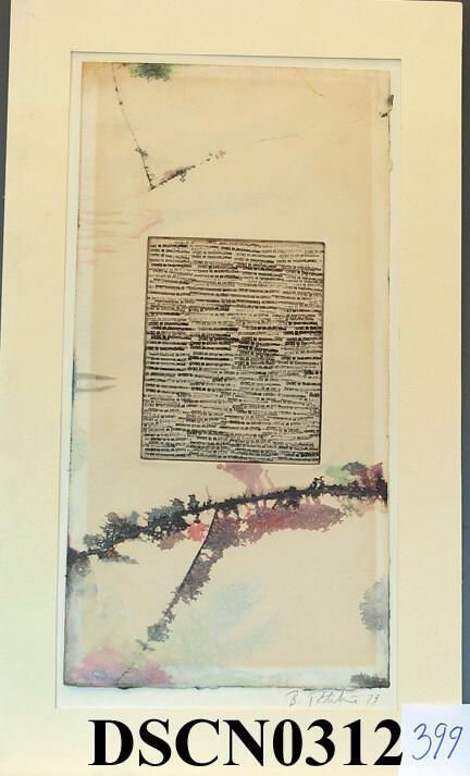 Studio detritus: Sometimes weird objects in my studio catch my eye one cannot call art, yet something kept me from throwing them away as useless junk, like this piece of paper taped to a countertop and a glass sheet over it. This served as an inking slab for times when I rolled a roller across it during a printing session. The glass cracked, but it was still serviceable, but the crack allowed ink and oil to seep through - leaving a long, blurry line its length and around the edges. So enamored with the results, I kept it after replacing the glass and putting a new sheet of white paper under it. Later, I printed an etched plate in the center. The lines were stamped in soft ground with a handstamp that says PRINTMAKING IS DEAD - an in-joke.