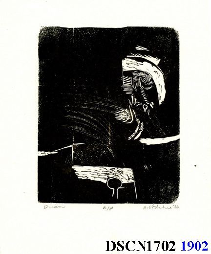 Dream: I dreamed I found his house empty, and went into the attic to help finish his partly-finished home. But I jostled some wires and caused them to short circuit. The sparks lighted the insulation, and I set the house afire. There was no time to get water, so I pee'd on the fire. This dream recurred even 'til the year 2000, with variations. This was my first -- and last -- wood engraving; I made the block myself.