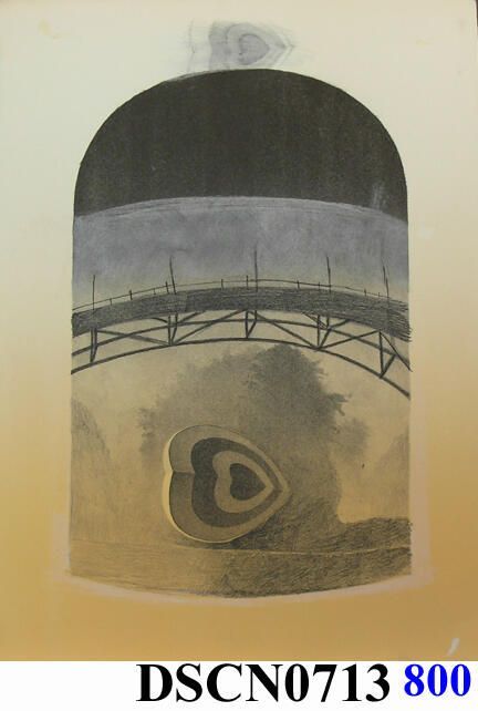 Target Heart 2: Trial proof in the Target Heart 2 edition. The crayon manner drawing on stone is slow and exacting in the way that I approached the method, and a good way to meditate on my themes. I was combining the target heart, trees, reflections, and bridge themes into the composition. This was when trees were moving back to the background, the bridge an over-arching character and the target hearts to the foreground.