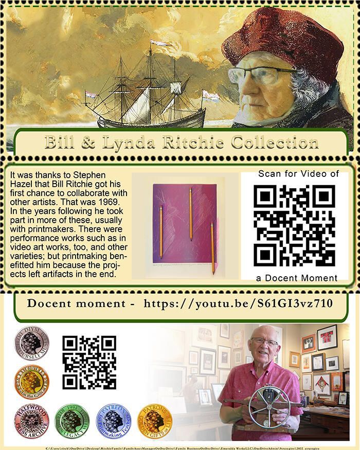 Collaborations take many forms: Printmaking may be the first art form to be collaborative, a social art form. In the scenario of two prehistoric people working in a cavern, their handiwork in progress on the wall of the cave, one is painting, the other uses her hand as a stencil, blowing a spattering of paiint over it it to leave her mark. Who made the paint? Maybe it was the painter, but it raises the question of the need for other people. There is an audience, too, who will watch the works in progress, maybe, or who will come along thirty-thousand years later. As a printmaker, painters were my teachers and printmaking was a cousin to painting (and usually a poor cousin). What my teachers did not know (because they were college-taught, subsidized artists) was that collaboration got the artists where they are. It was printers who spread the word. Sometimes it was the painter, like Rembrandt, who made his own prints. The thread of collaboration in my life became evident with Stephen Hazel's initiation of projects like the "Bill Ritchie Memorial Hanga Workshop" in the early 1970's, and formation of Multicom. Community was his goal. It was not painters and sculptors who touted community development, communication, sharing information, and collaboration for the sake of education and mutual benefits. It is printmaking. Print is the ancestor of all science, technology, reading and writing, engineering, the arts, mathematics and its cousin, music. Collaboration is the word; one might as well say, "In the beginning there was print."