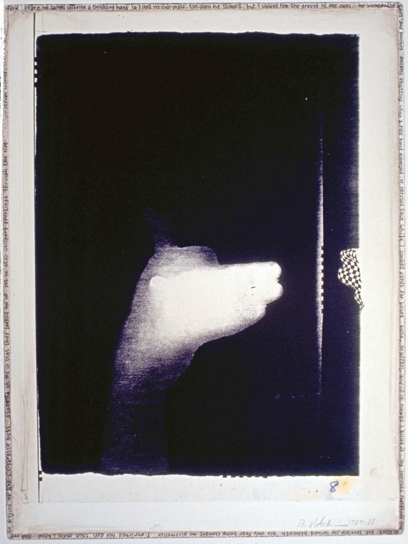 Handmade Dogs 8: A hand-shadow dog originated in cyanotype, which was scanned and printed by an office copier, then laminated by chine-colle to etching paper on a copper plate whose edges were beveled and polished. With a fine pen point, Worley's poem was written around the perimeter of the embossing, with added tiny checkerboard patterns. Also, bones were painted with a fingertip and black etching ink.