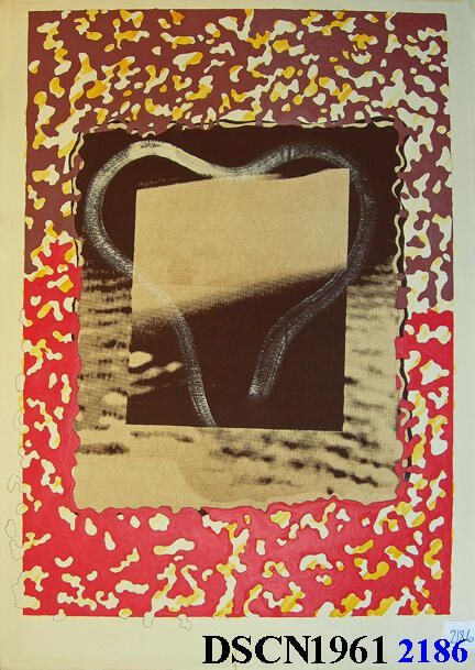 Study for My Father's Farm from the Moon: Preparing to cut and etch the plates for the central image and the framing plates, I made this mixed-media work on paper, combining the diazo image in the center, paint, and pencil.
The brown image is from a video artwork photographed and printed as a diazo brownline, a moonscape image inspired by science fiction, the white paint harkening back to the trees series of the mid-sixties.