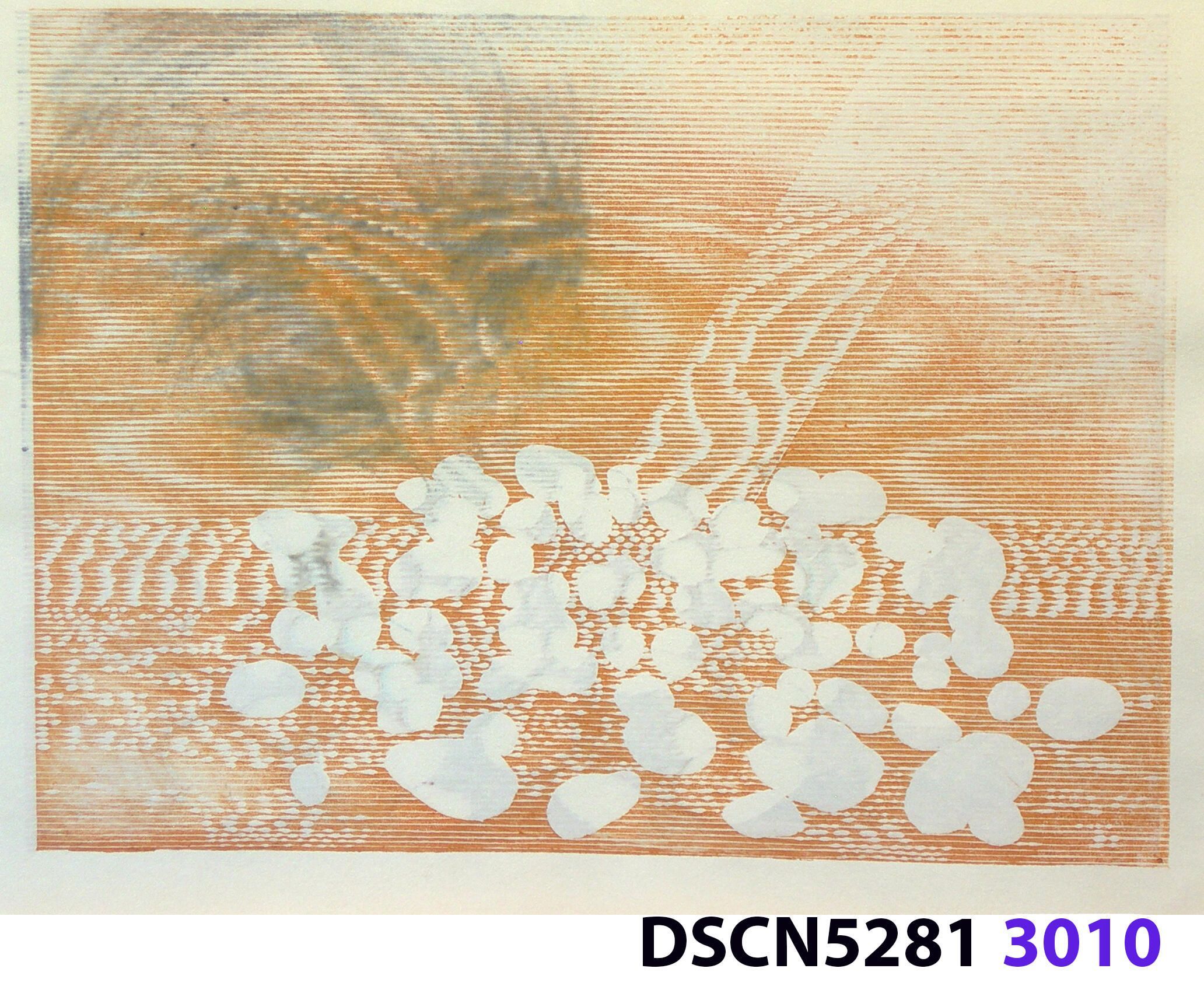 Stone Set: As a historical note, artist Bill Ritchie worked briefly at the Munch Museum studying the wood blocks that Edvard Munch cut and printed. Some of his woodcuts, notably "Badende Mann," (Bathing Man) he printed not as replicas or multiples all alike, but with different colors. These are termed monoprints, which means there are blocks which and be used to make almost identical impressions, but for artistic purposes (i.e., enjoyment of the creative artist) but the artist chose instead to make variations. In this print, Stone Set, Bill used an etched zinc plate from the Stone Set series and an under-image to a carved woodblock. Most, if not all, of the etched plates were printed in black, but the woodblock, being that it is printed with water-based colors in the Japanese manner (sosaku hanga) invites spontaneous color changes. The printer only has to dip the brush into a different color on the palette to produce a change. In other, mostly oil-based printing mediums, color changes are not that easy. Munch, for example, had to clean his inking slab and roller each time he wanted to try a different color. It must be mentioned, also, that Bill carved the lines in wood based on his video art. Television in those days was analog technology, with one or three electron beams scanning side-to-side of the picture from top to bottom and back again. The "picture" in Bill's video for this woodcut was not of the the real world, but the lines were instead the result of his stopping a videotape on a reel-to-reel videotape player and freezing the scanning at that stop-point. He photographed the TV screen, printed the negatiive, an traced it line-by line onto the woodcut and started carving. Another element to be mentioned is that the woodcut was printed on thin Asian paper (which works best in Japanese woodcut-style printing), let dry, then laminated to the etching in a second printing. The method is called Chine-colle, with water-based paste used to glue the sheets togehter. On close examination, one can tell the black oil-based etching ink is printed over the color, water-based ink.