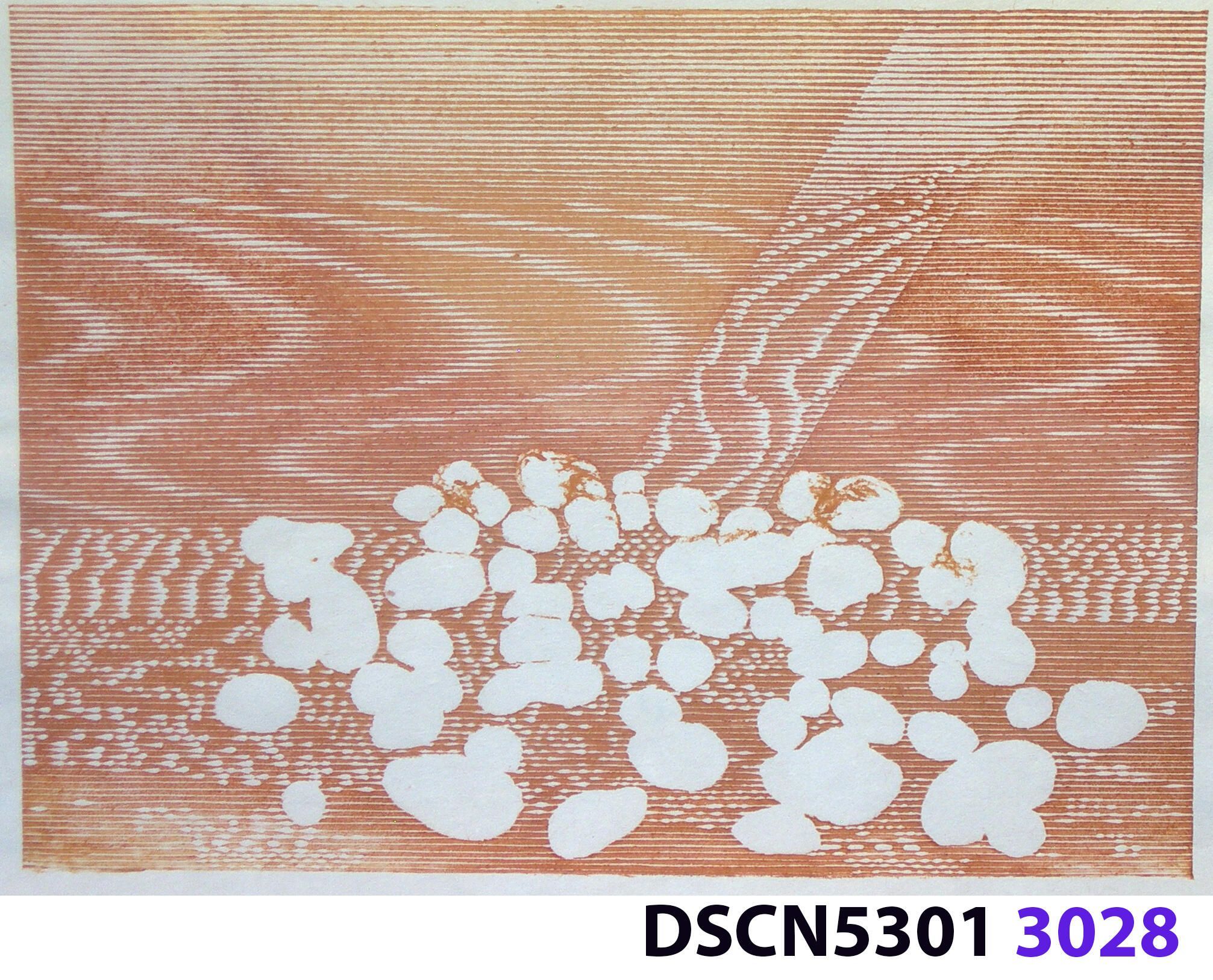 Stone Set IV: As a historical note, artist Bill Ritchie worked briefly at the Munch Museum studying the wood blocks that Edvard Munch cut and printed. Some of his woodcuts, notably "Badende Mann," (Bathing Man) he printed not as replicas or multiples all alike, but with different colors. These are termed monoprints, which means there are blocks which and be used to make almost identical impressions, but for artistic purposes (i.e., enjoyment of the creative artist) but the artist chose instead to make variations. In this print, Stone Set, Bill used an etched zinc plate from the Stone Set series and an under-image to a carved woodblock. Most, if not all, of the etched plates were printed in black, but the woodblock, being that it is printed with water-based colors in the Japanese manner (sosaku hanga) invites spontaneous color changes. The printer only has to dip the brush into a different color on the palette to produce a change. In other, mostly oil-based printing mediums, color changes are not that easy. Munch, for example, had to clean his inking slab and roller each time he wanted to try a different color. It must be mentioned, also, that Bill carved the lines in wood based on his video art. Television in those days was analog technology, with one or three electron beams scanning side-to-side of the picture from top to bottom and back again. The "picture" in Bill's video for this woodcut was not of the the real world, but the lines were instead the result of his stopping a videotape on a reel-to-reel videotape player and freezing the scanning at that stop-point. He photographed the TV screen, printed the negatiive, an traced it line-by line onto the woodcut and started carving. Another element to be mentioned is that the woodcut was printed on thin Asian paper (which works best in Japanese woodcut-style printing), let dry, then laminated to the etching in a second printing. The method is called Chine-colle, with water-based paste used to glue the sheets togehter. On close examination, one can tell the black oil-based etching ink is printed over the color, water-based ink.