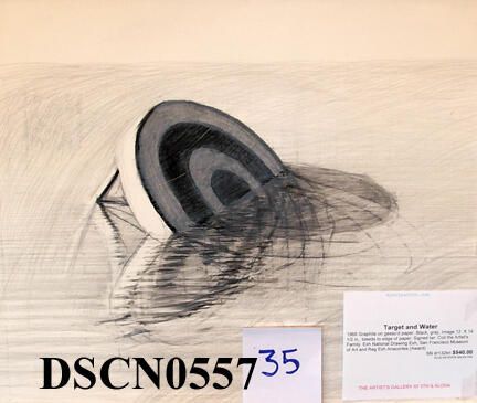 Target and Water II: In the summer I had been on an outdoors drawing session with my students underneath the freeway overpass where the floating bridge leaves Seattle. The waters of the arboretum reflected the bridge, and I studied the ripples caused by the erratic breezes as they found their way through the maze of supporting pylons holding up the bridge approach. I transferred that vision to the target and reflection series, considering the meaning of reflection, refraction and distortion.