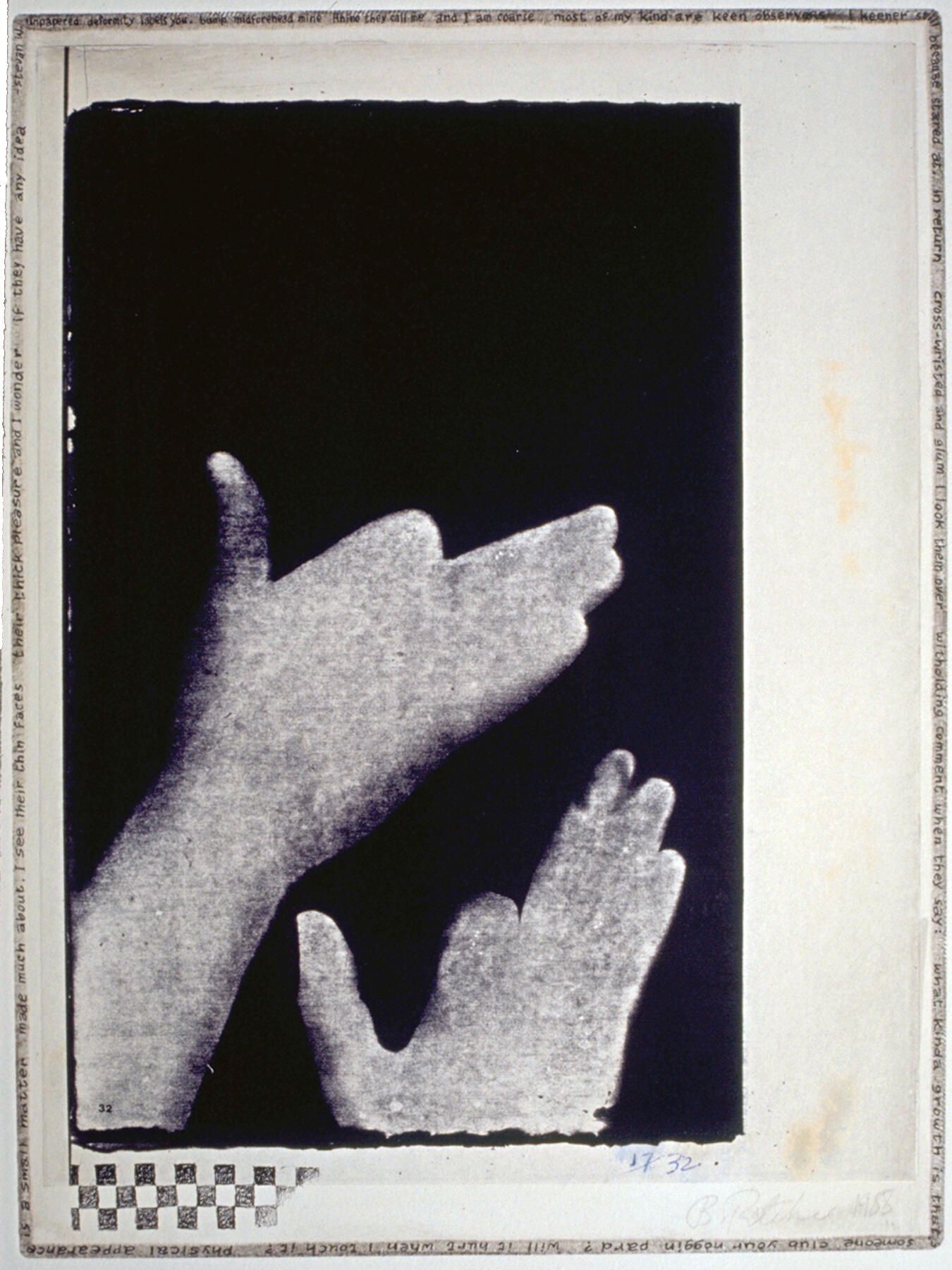 Handmade Dogs 32: A hand-shadow dog originated in cyanotype, which was scanned and printed by an office copier, then laminated by chine-colle to etching paper on a copper plate whose edges were beveled and polished. With a fine pen point, Worley's poem was written around the perimeter of the embossing, with added tiny checkerboard patterns. Also, bones were painted with a fingertip and black etching ink.