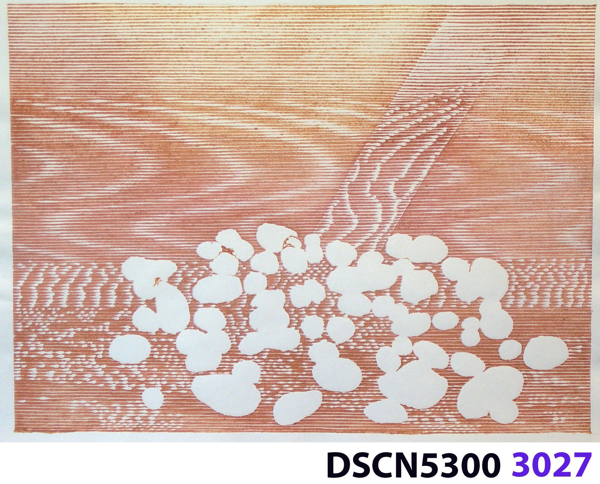 Stone Set IV: As a historical note, artist Bill Ritchie worked briefly at the Munch Museum studying the wood blocks that Edvard Munch cut and printed. Some of his woodcuts, notably "Badende Mann," (Bathing Man) he printed not as replicas or multiples all alike, but with different colors. These are termed monoprints, which means there are blocks which and be used to make almost identical impressions, but for artistic purposes (i.e., enjoyment of the creative artist) but the artist chose instead to make variations. In this print, Stone Set, Bill used an etched zinc plate from the Stone Set series and an under-image to a carved woodblock. Most, if not all, of the etched plates were printed in black, but the woodblock, being that it is printed with water-based colors in the Japanese manner (sosaku hanga) invites spontaneous color changes. The printer only has to dip the brush into a different color on the palette to produce a change. In other, mostly oil-based printing mediums, color changes are not that easy. Munch, for example, had to clean his inking slab and roller each time he wanted to try a different color. It must be mentioned, also, that Bill carved the lines in wood based on his video art. Television in those days was analog technology, with one or three electron beams scanning side-to-side of the picture from top to bottom and back again. The "picture" in Bill's video for this woodcut was not of the the real world, but the lines were instead the result of his stopping a videotape on a reel-to-reel videotape player and freezing the scanning at that stop-point. He photographed the TV screen, printed the negatiive, an traced it line-by line onto the woodcut and started carving. Another element to be mentioned is that the woodcut was printed on thin Asian paper (which works best in Japanese woodcut-style printing), let dry, then laminated to the etching in a second printing. The method is called Chine-colle, with water-based paste used to glue the sheets togehter. On close examination, one can tell the black oil-based etching ink is printed over the color, water-based ink.