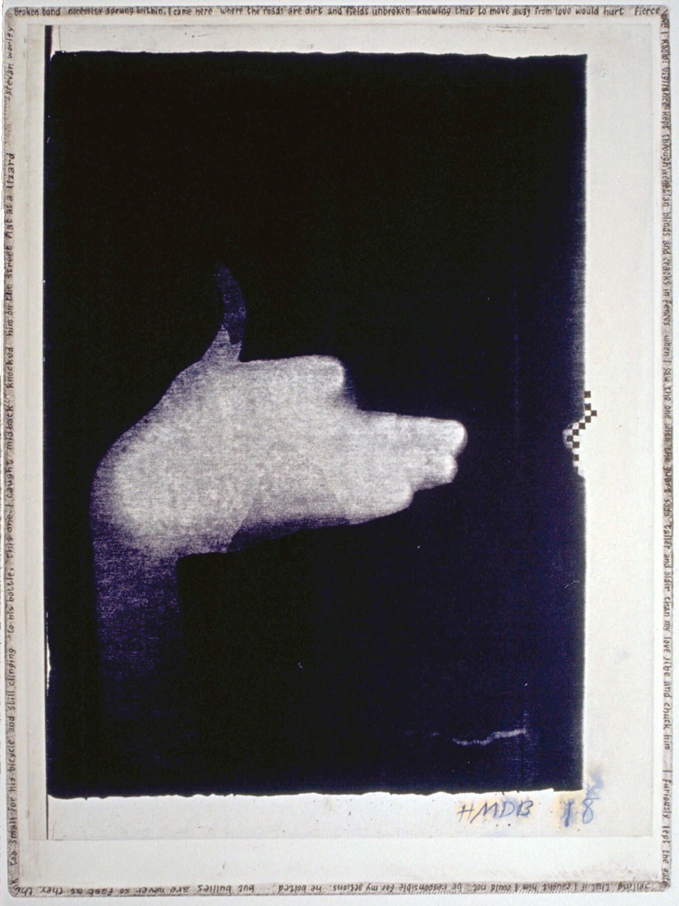 Handmade Dogs 18: A hand-shadow dog originated in cyanotype, which was scanned and printed by an office copier, then laminated by chine-colle to etching paper on a copper plate whose edges were beveled and polished. With a fine pen point, Worley's poem was written around the perimeter of the embossing, with added tiny checkerboard patterns. Also, bones were painted with a fingertip and black etching ink.