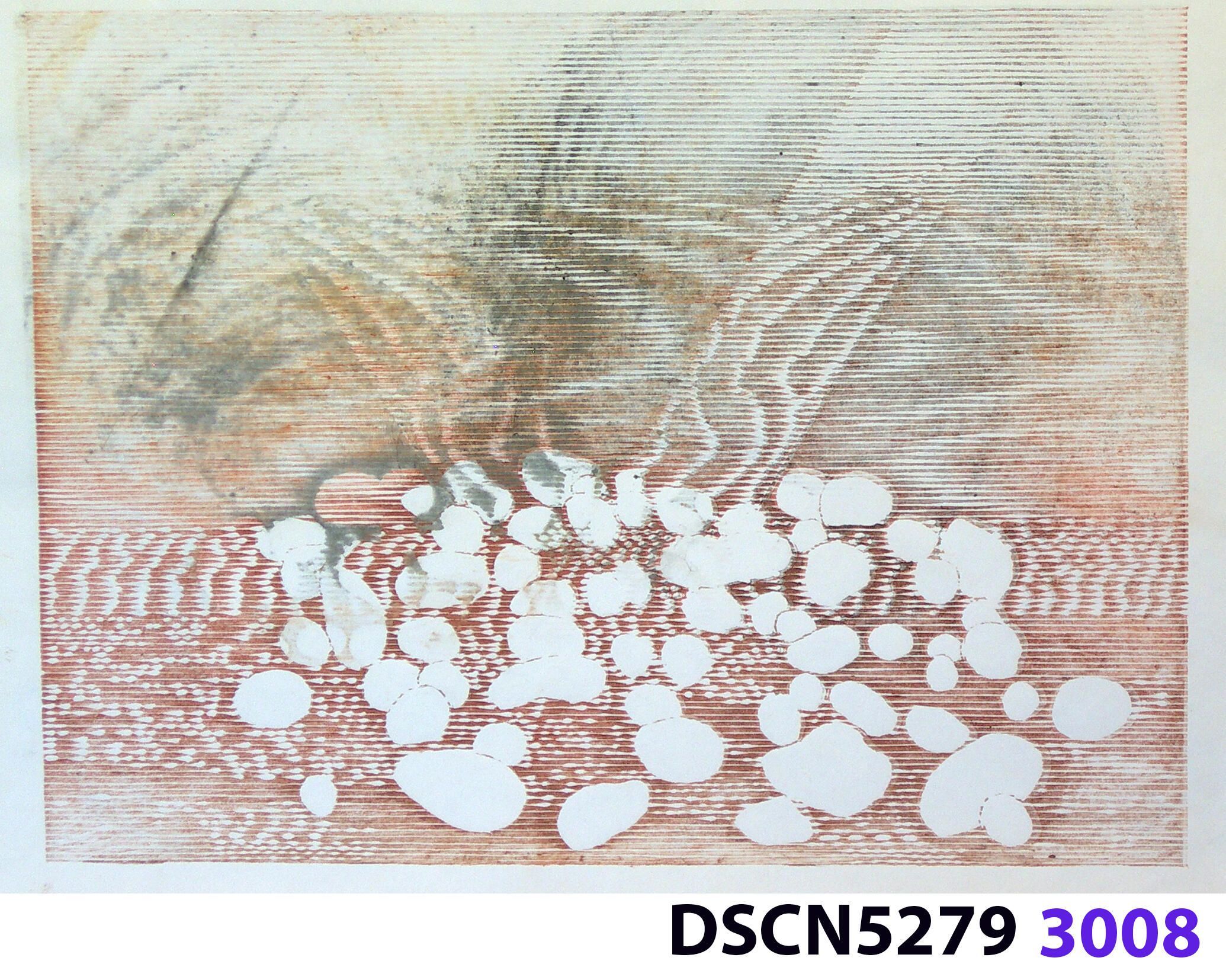 Stone Set: As a historical note, artist Bill Ritchie worked briefly at the Munch Museum studying the wood blocks that Edvard Munch cut and printed. Some of his woodcuts, notably "Badende Mann," (Bathing Man) he printed not as replicas or multiples all alike, but with different colors. These are termed monoprints, which means there are blocks which and be used to make almost identical impressions, but for artistic purposes (i.e., enjoyment of the creative artist) but the artist chose instead to make variations. In this print, Stone Set, Bill used an etched zinc plate from the Stone Set series and an under-image to a carved woodblock. Most, if not all, of the etched plates were printed in black, but the woodblock, being that it is printed with water-based colors in the Japanese manner (sosaku hanga) invites spontaneous color changes. The printer only has to dip the brush into a different color on the palette to produce a change. In other, mostly oil-based printing mediums, color changes are not that easy. Munch, for example, had to clean his inking slab and roller each time he wanted to try a different color. It must be mentioned, also, that Bill carved the lines in wood based on his video art. Television in those days was analog technology, with one or three electron beams scanning side-to-side of the picture from top to bottom and back again. The "picture" in Bill's video for this woodcut was not of the the real world, but the lines were instead the result of his stopping a videotape on a reel-to-reel videotape player and freezing the scanning at that stop-point. He photographed the TV screen, printed the negatiive, an traced it line-by line onto the woodcut and started carving. Another element to be mentioned is that the woodcut was printed on thin Asian paper (which works best in Japanese woodcut-style printing), let dry, then laminated to the etching in a second printing. The method is called Chine-colle, with water-based paste used to glue the sheets togehter. On close examination, one can tell the black oil-based etching ink is printed over the color, water-based ink.