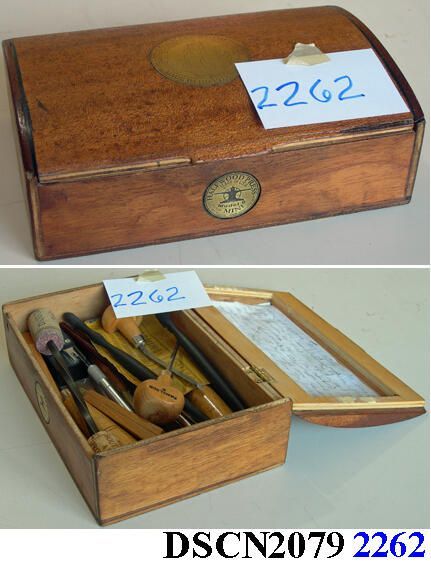 Tools, printmaker burins, scrapers, burnishers: These are several tools I used making prints over the years, my purchases dating back to the 1960s and my first printmaking experiences. The box is one of the prototypes for the printmaker's toolkit designed to accompany our first Legacy Mini Halfwood Presses, this one is unique for the domed lid and Halfwood Press badges embedded in it.