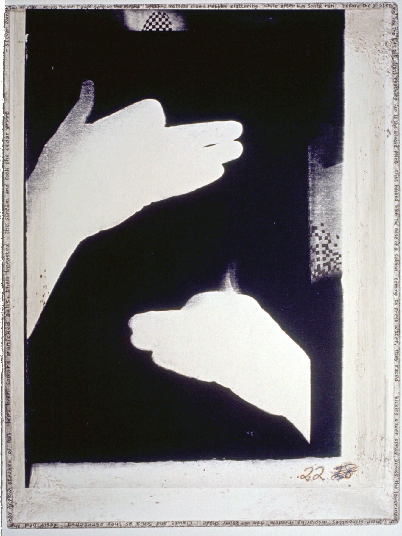 Handmade Dogs 22: A hand-shadow dog originated in cyanotype, which was scanned and printed by an office copier, then laminated by chine-colle to etching paper on a copper plate whose edges were beveled and polished. With a fine pen point, Worley's poem was written around the perimeter of the embossing, with added tiny checkerboard patterns. Also, bones were painted with a fingertip and black etching ink.