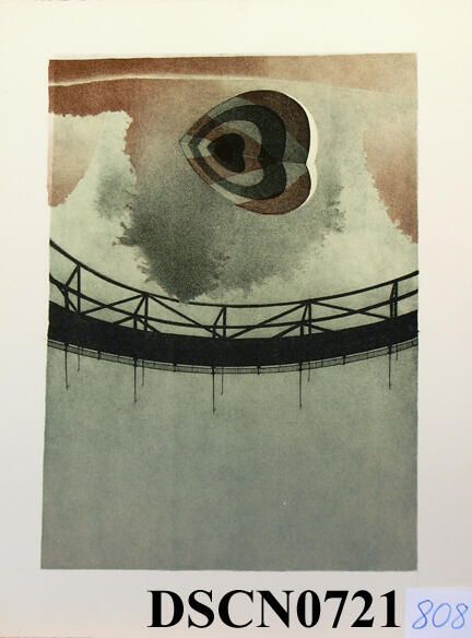 Target Heart 2: Trial proof in the Target Heart 2 edition. The crayon manner drawing on stone is slow and exacting in the way that I approached the method, and a good way to meditate on my themes. I was combining the target heart, trees, reflections, and bridge themes into the composition. This was when trees were moving back to the background, the bridge an over-arching character and the target hearts to the foreground.